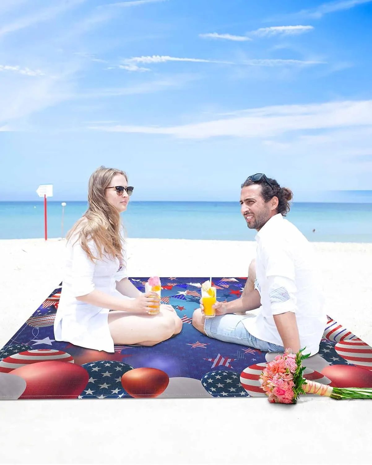 Independence Day Beach Blanket Large with Stakes Waterproof Sandproof Beach Mat with Corner Pockets for Outdoor Travel Camping Hiking Picnic Essentials,4th of July Red Blue Stripes Stars 95"x80"
