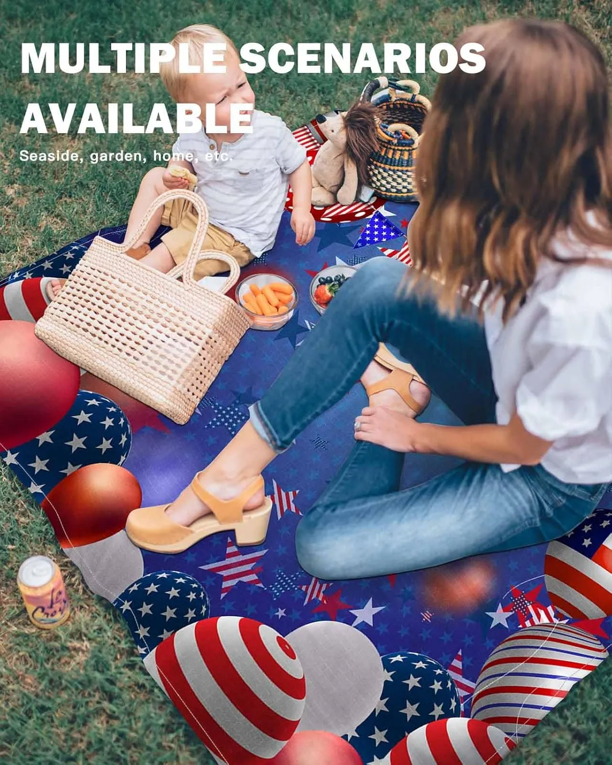 Independence Day Beach Blanket Large with Stakes Waterproof Sandproof Beach Mat with Corner Pockets for Outdoor Travel Camping Hiking Picnic Essentials,4th of July Red Blue Stripes Stars 95"x80"