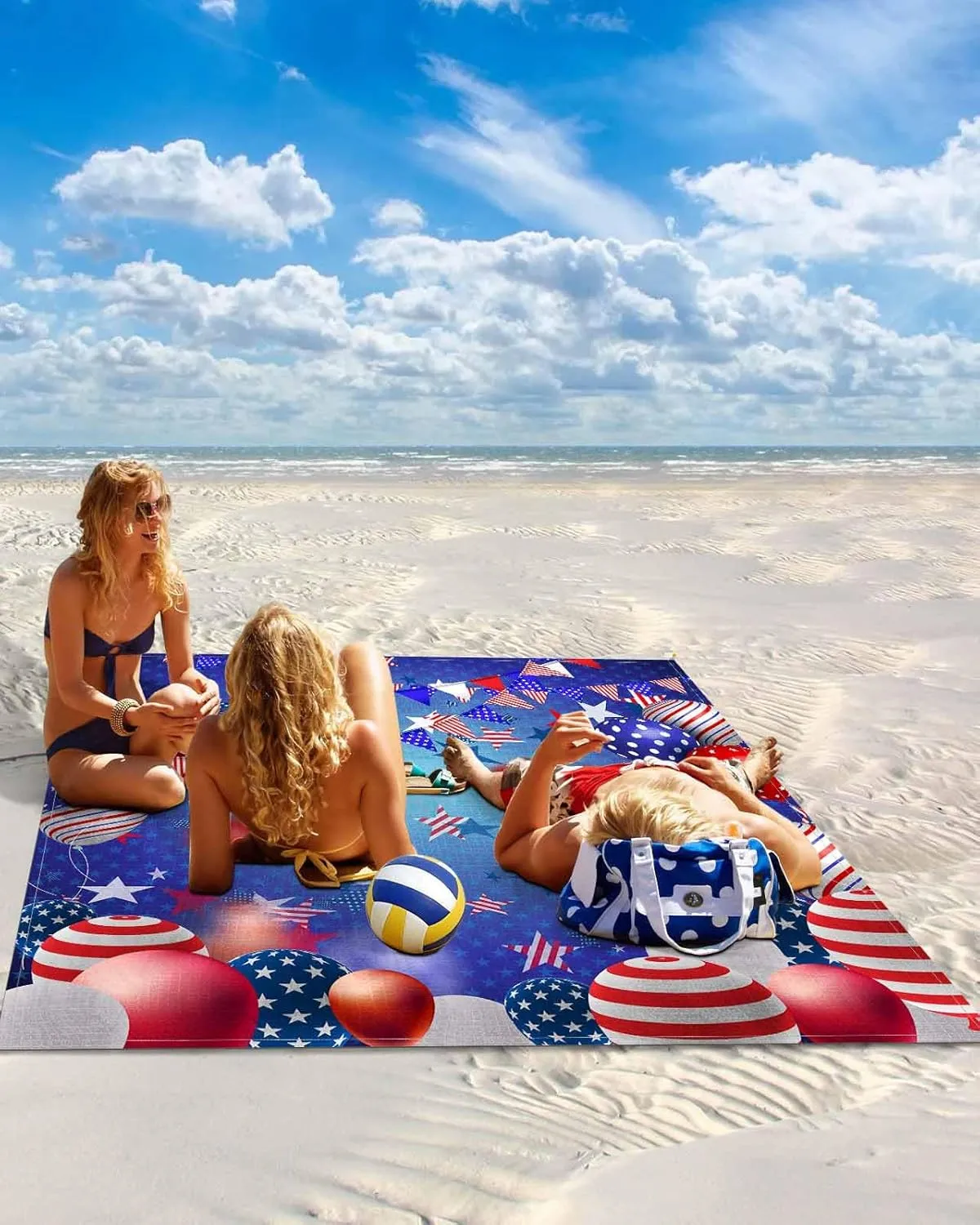 Independence Day Beach Blanket Large with Stakes Waterproof Sandproof Beach Mat with Corner Pockets for Outdoor Travel Camping Hiking Picnic Essentials,4th of July Red Blue Stripes Stars 95"x80"