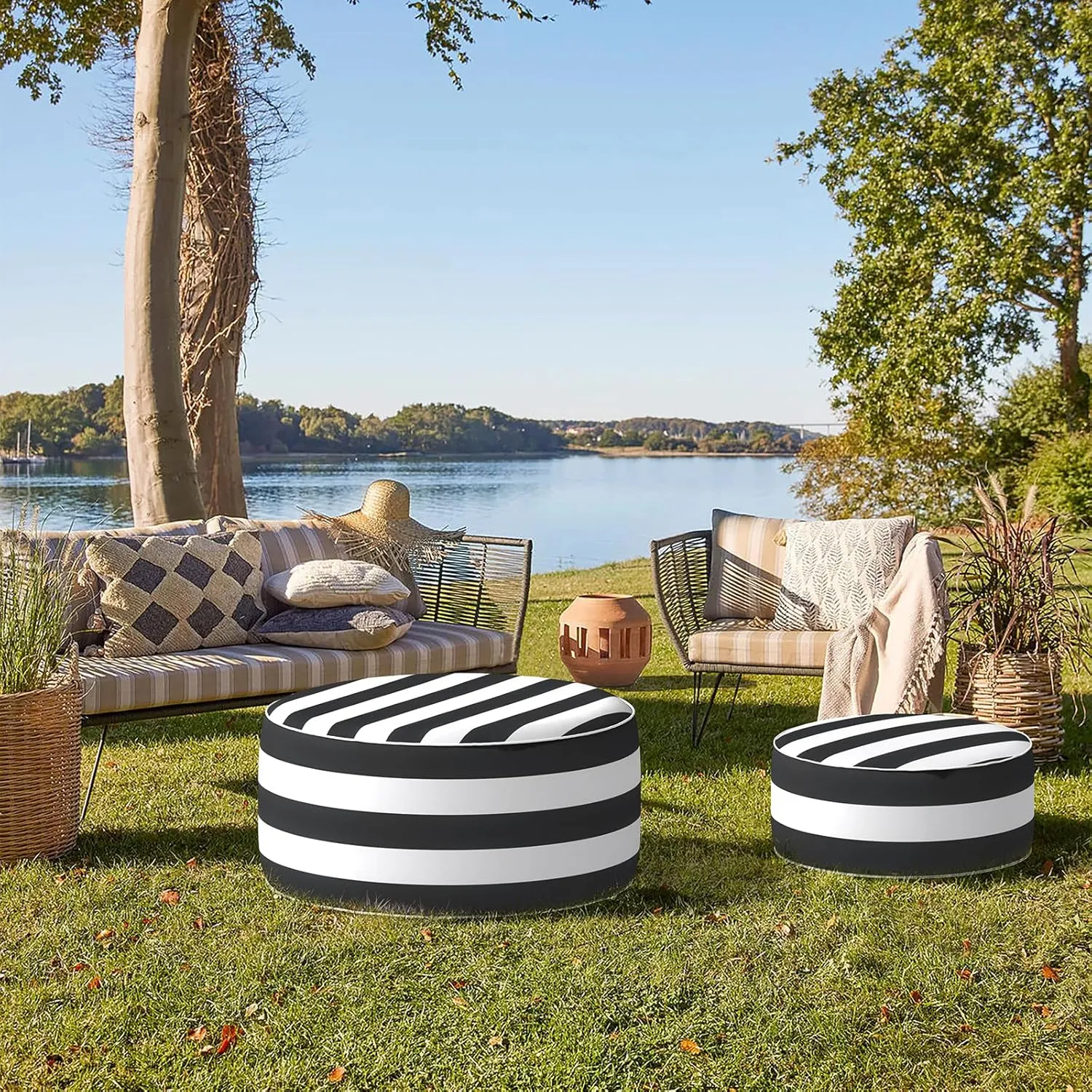 Indoor/Outdoor Inflatable Ottoman D21 x H9 inch, Round Footstool Inflatable Foot Rest Ottoman with Handle, Portable Ottomans Pouf for Patio, Garden, Camping, Home, Cabana Black