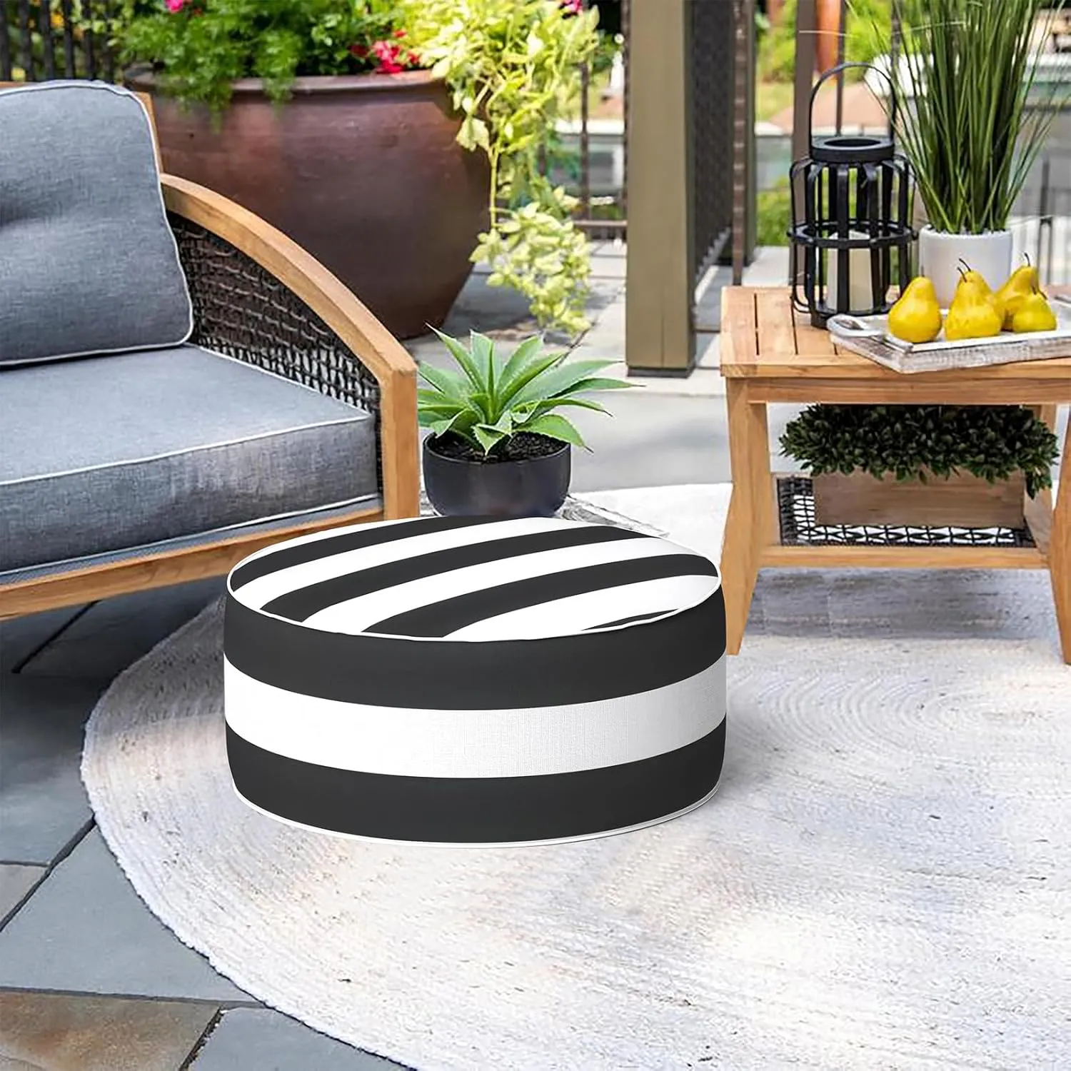 Indoor/Outdoor Inflatable Ottoman D21 x H9 inch, Round Footstool Inflatable Foot Rest Ottoman with Handle, Portable Ottomans Pouf for Patio, Garden, Camping, Home, Cabana Black