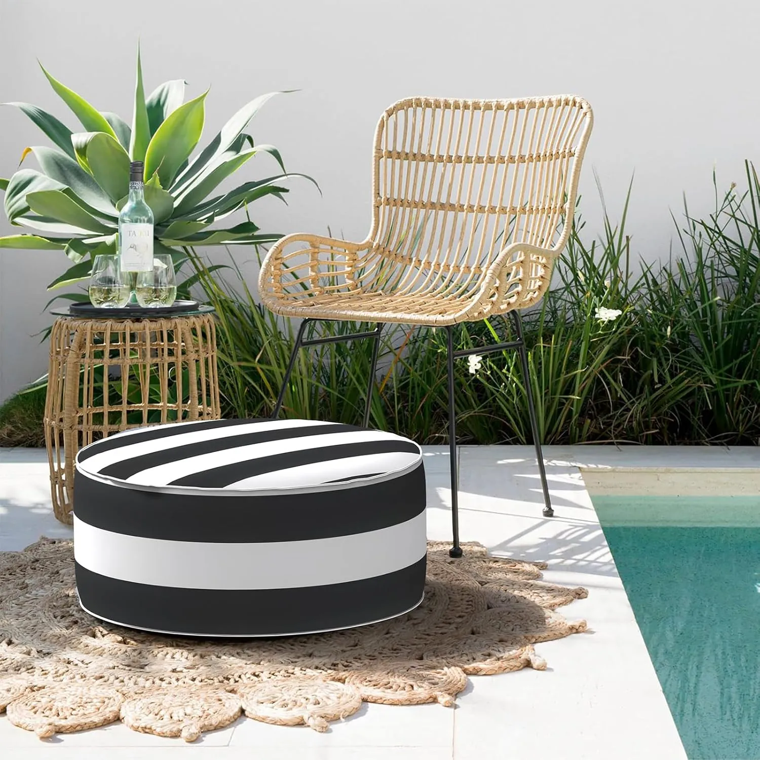 Indoor/Outdoor Inflatable Ottoman D21 x H9 inch, Round Footstool Inflatable Foot Rest Ottoman with Handle, Portable Ottomans Pouf for Patio, Garden, Camping, Home, Cabana Black