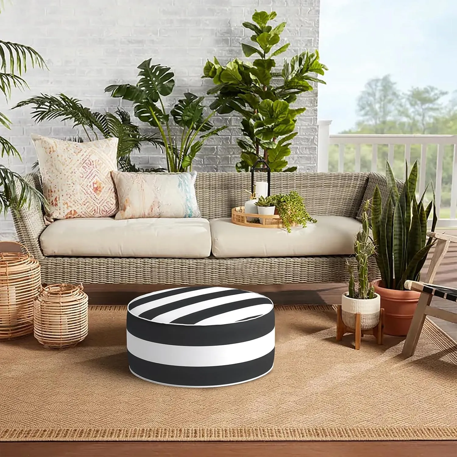 Indoor/Outdoor Inflatable Ottoman D21 x H9 inch, Round Footstool Inflatable Foot Rest Ottoman with Handle, Portable Ottomans Pouf for Patio, Garden, Camping, Home, Cabana Black