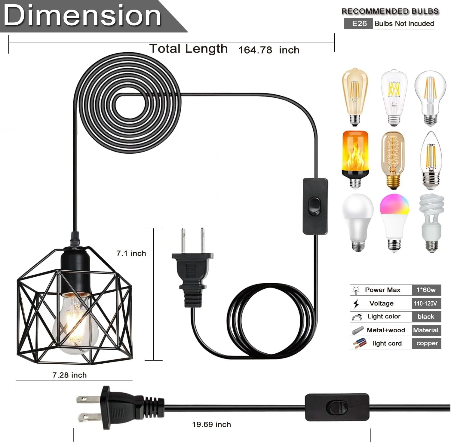Industrial Plug-in Pendant Light, Black Farmhouse Hanging Ceiling Light, Vintage Metal Cage Wall Mount Lamp, 1-Light Fixture for Kitchen Island, Dining Room, E26 Base (Bulb Not Included)
