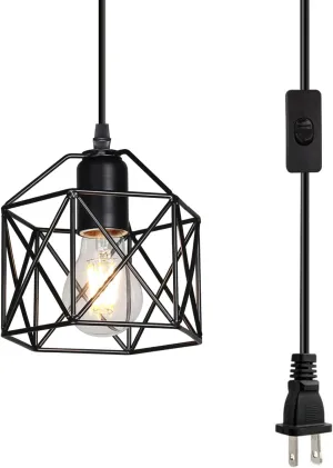 Industrial Plug-in Pendant Light, Black Farmhouse Hanging Ceiling Light, Vintage Metal Cage Wall Mount Lamp, 1-Light Fixture for Kitchen Island, Dining Room, E26 Base (Bulb Not Included)