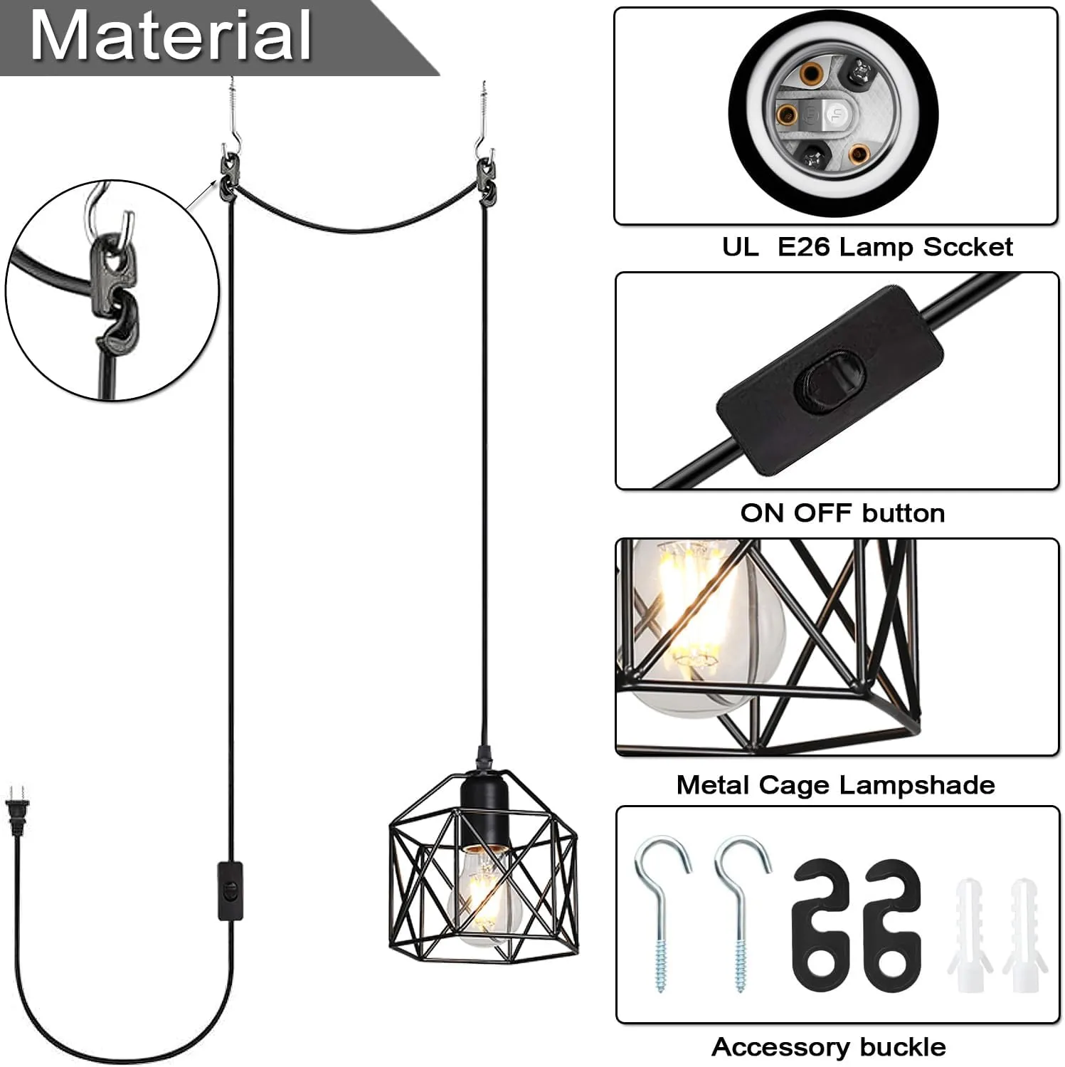 Industrial Plug-in Pendant Light, Black Farmhouse Hanging Ceiling Light, Vintage Metal Cage Wall Mount Lamp, 1-Light Fixture for Kitchen Island, Dining Room, E26 Base (Bulb Not Included)