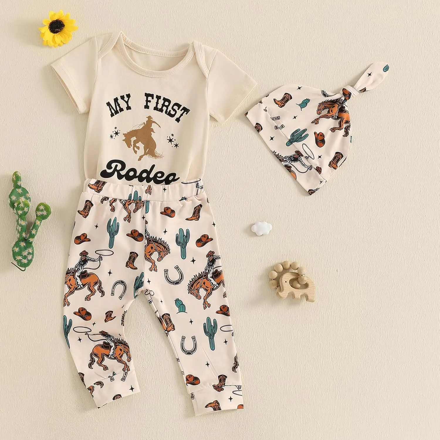 Infant Baby Boys Western Cowboy Outfit My First Rodeo Short Sleeve Bodysuit and Pants with Hat 3pcs Set