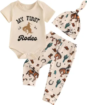 Infant Baby Boys Western Cowboy Outfit My First Rodeo Short Sleeve Bodysuit and Pants with Hat 3pcs Set