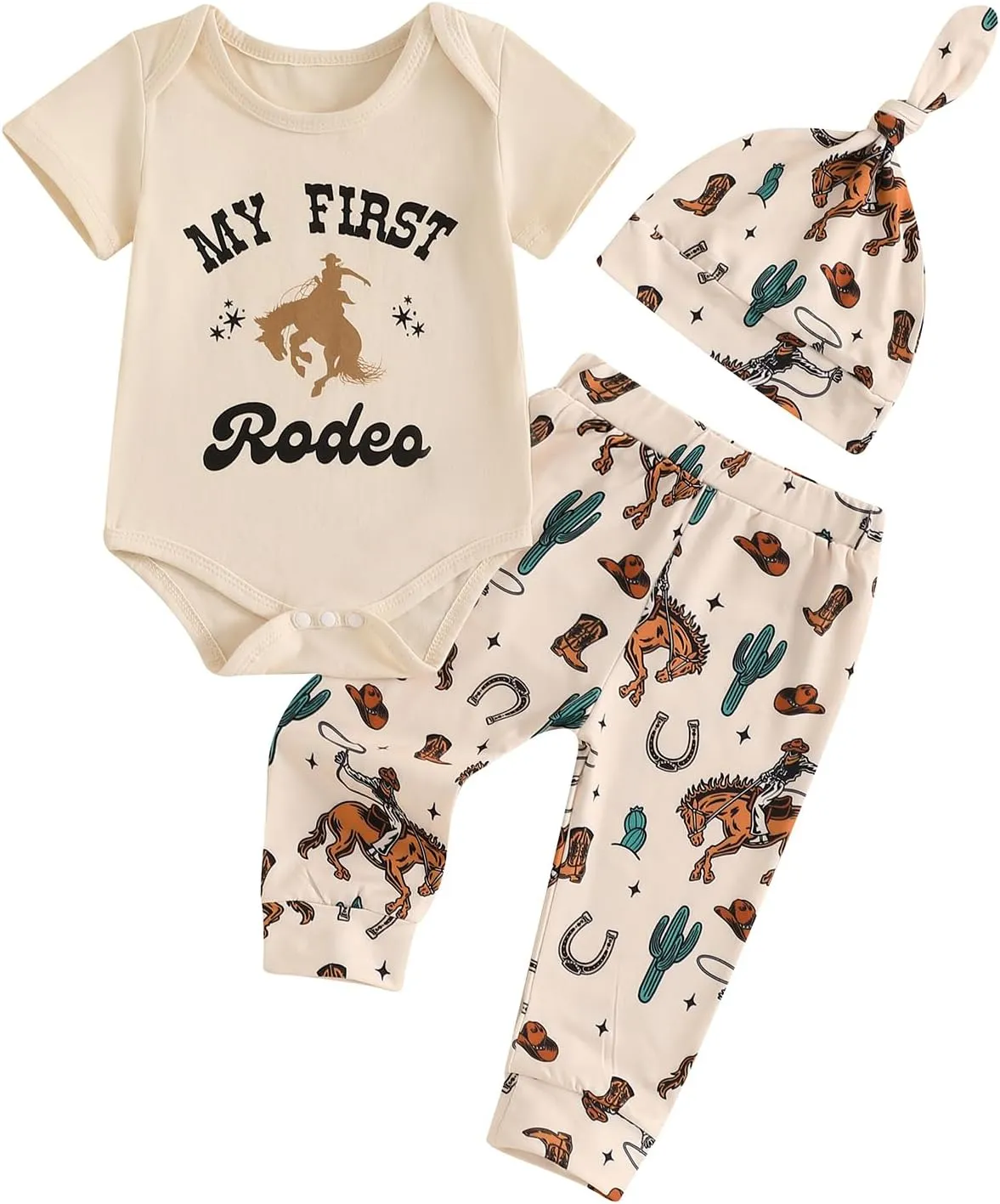Infant Baby Boys Western Cowboy Outfit My First Rodeo Short Sleeve Bodysuit and Pants with Hat 3pcs Set