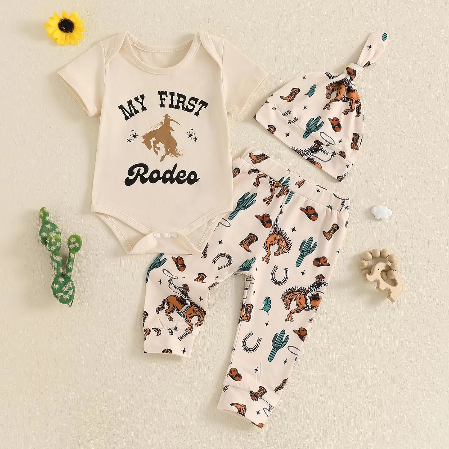 Infant Baby Boys Western Cowboy Outfit My First Rodeo Short Sleeve Bodysuit and Pants with Hat 3pcs Set