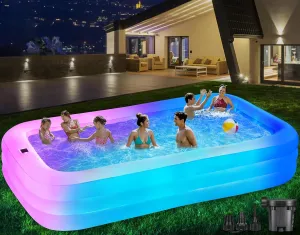 Inflatable Pool with Lights, 130"x72"x22" Solar Inflatable Swimming Pool with Air Pump for Kids, Adults, Family, 7 Color Large Blow Up Pool for Backyard