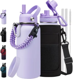 Insulated Water Bottle 32 oz - with Straw & Auto Spout Lid, Bottle Sleeve with Strap, Paracord Handle, 32oz Flask Purple Metal Water Canteen, Stainless Steel Water Jug for Sports Gym Woman Girls