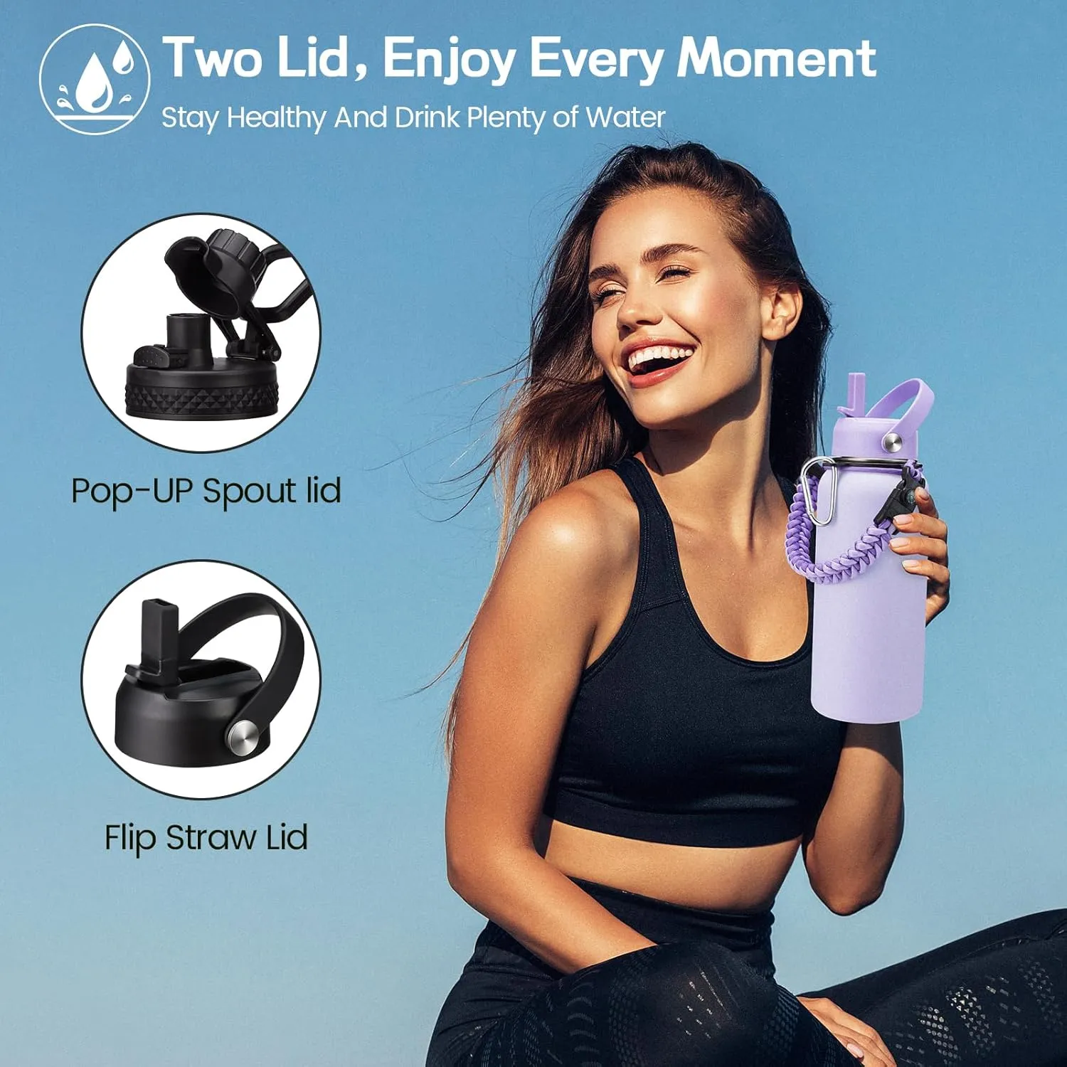 Insulated Water Bottle 32 oz - with Straw & Auto Spout Lid, Bottle Sleeve with Strap, Paracord Handle, 32oz Flask Purple Metal Water Canteen, Stainless Steel Water Jug for Sports Gym Woman Girls