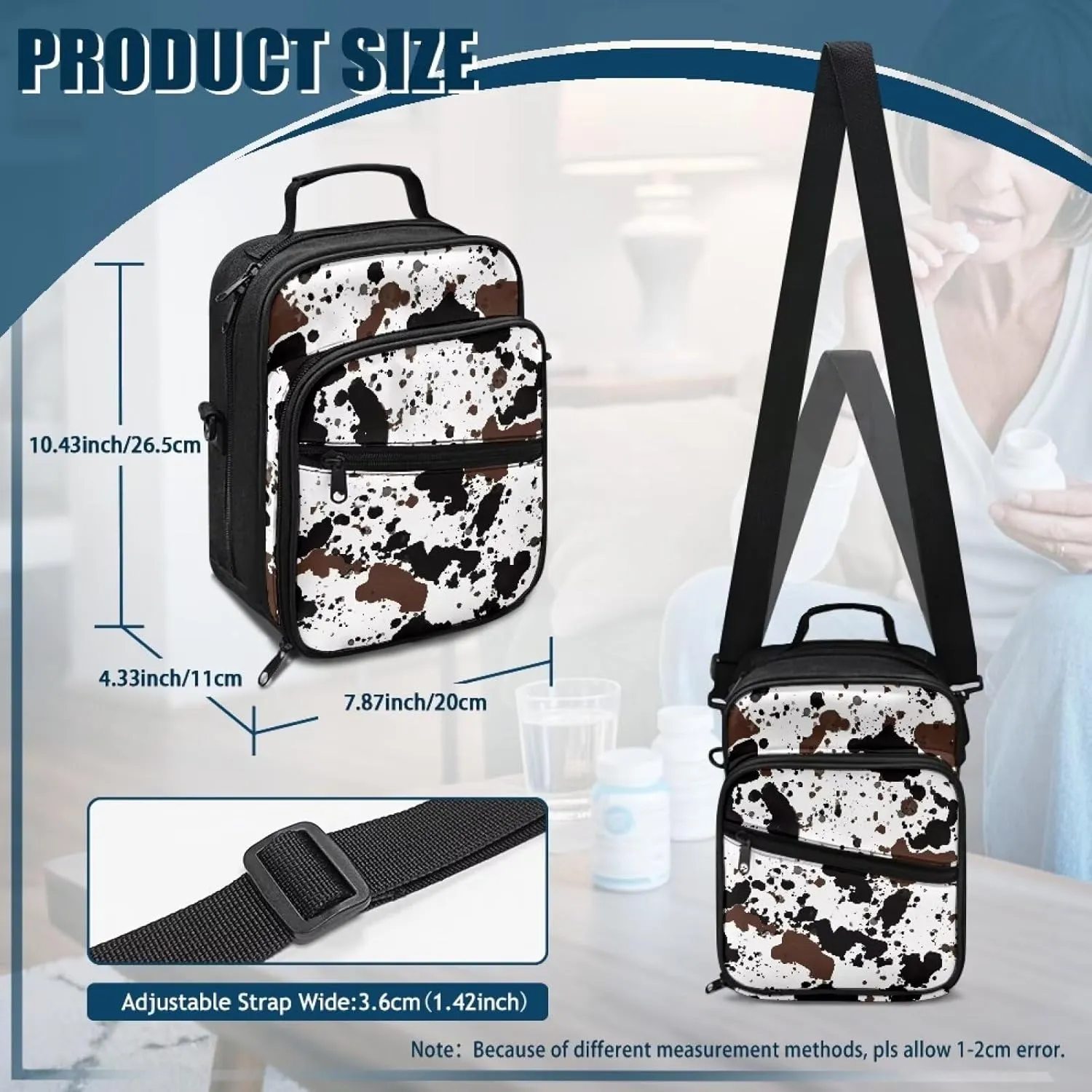Insulin Travel Case, Cow Pattern Diabetes Supplies Bag, Diabetic Medication Organizer Bag with Shoulder Strap for Diabetic Supplies