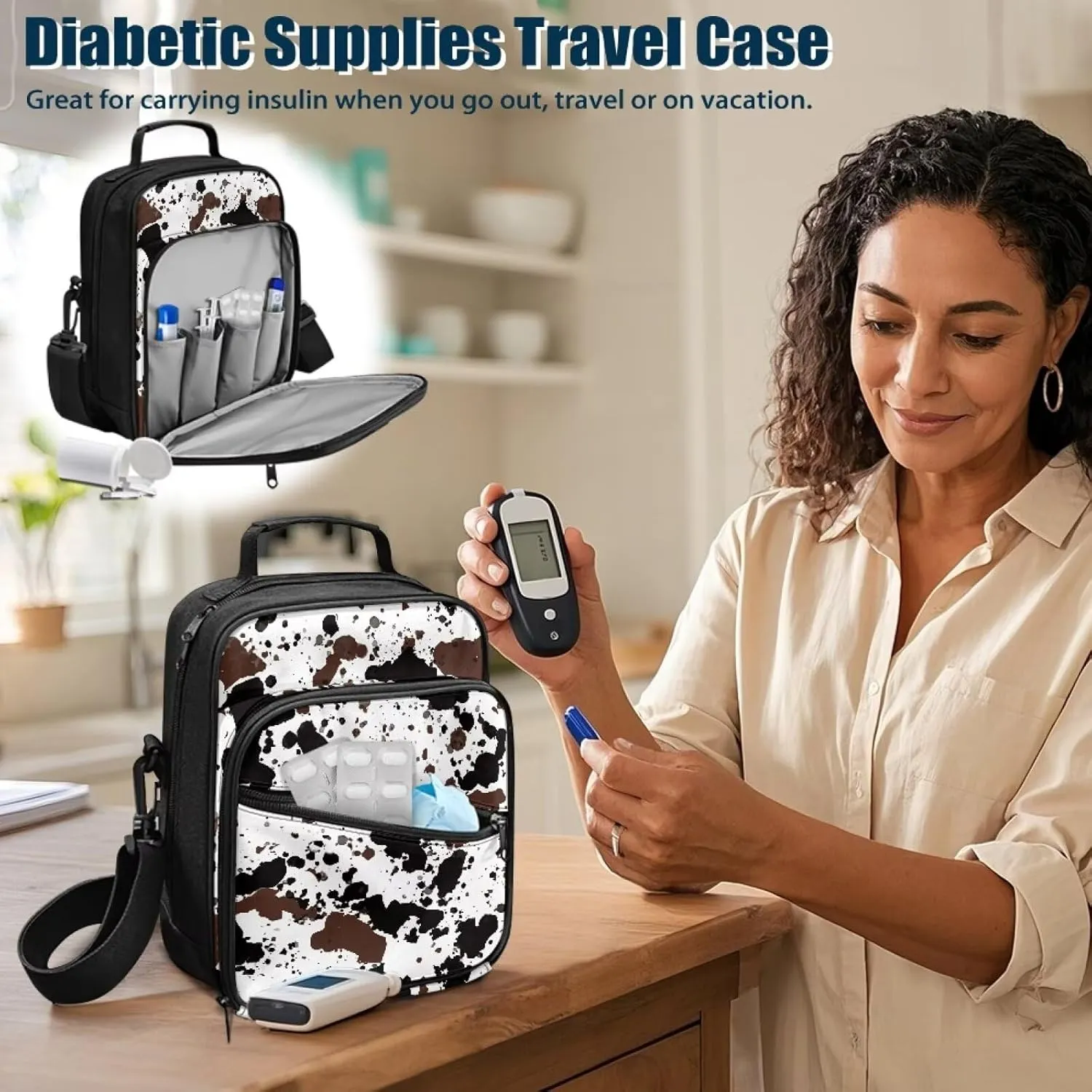 Insulin Travel Case, Cow Pattern Diabetes Supplies Bag, Diabetic Medication Organizer Bag with Shoulder Strap for Diabetic Supplies