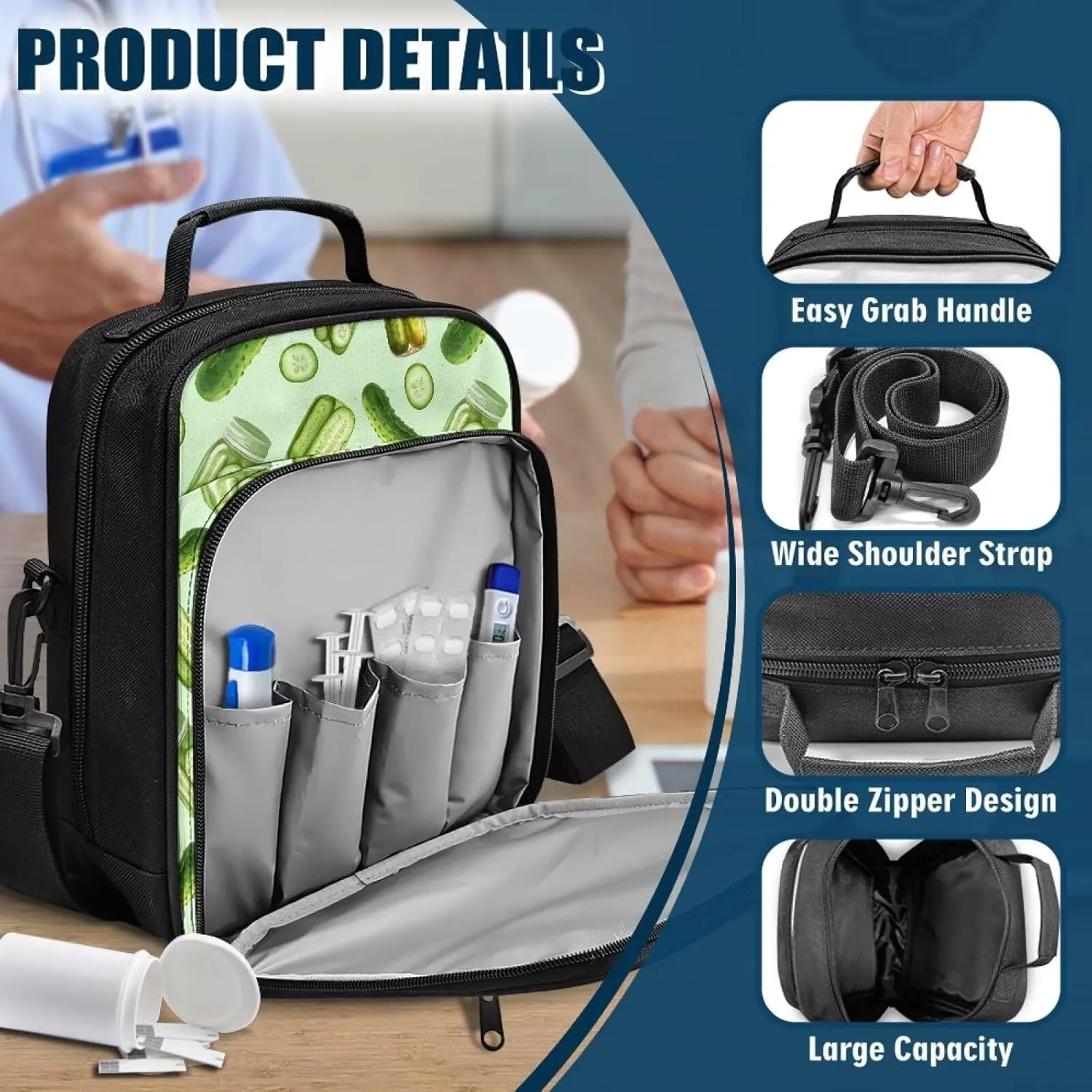 Insulin Travel Case, Cucumber Diabetes Supplies Bag with Shoulder Strap for Glucose Meter and Diabetic Supplies