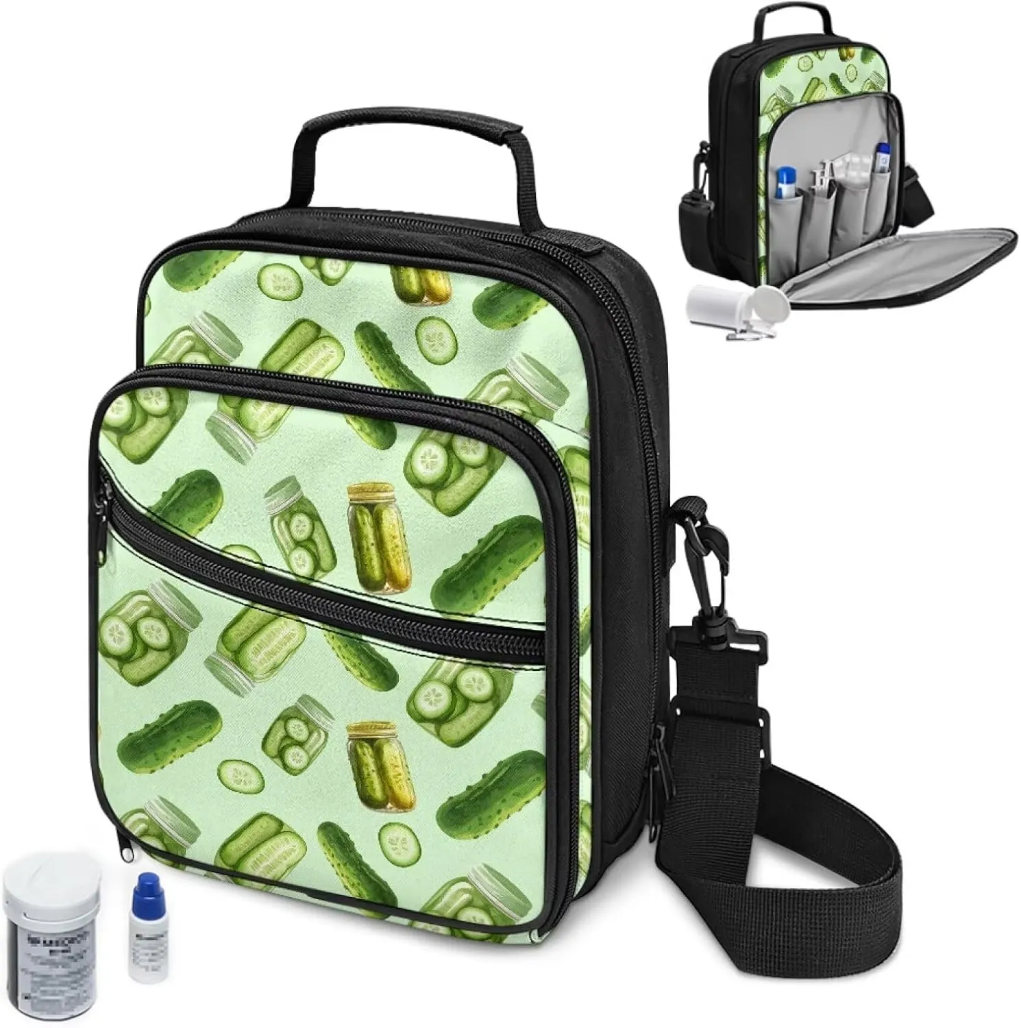 Insulin Travel Case, Cucumber Diabetes Supplies Bag with Shoulder Strap for Glucose Meter and Diabetic Supplies