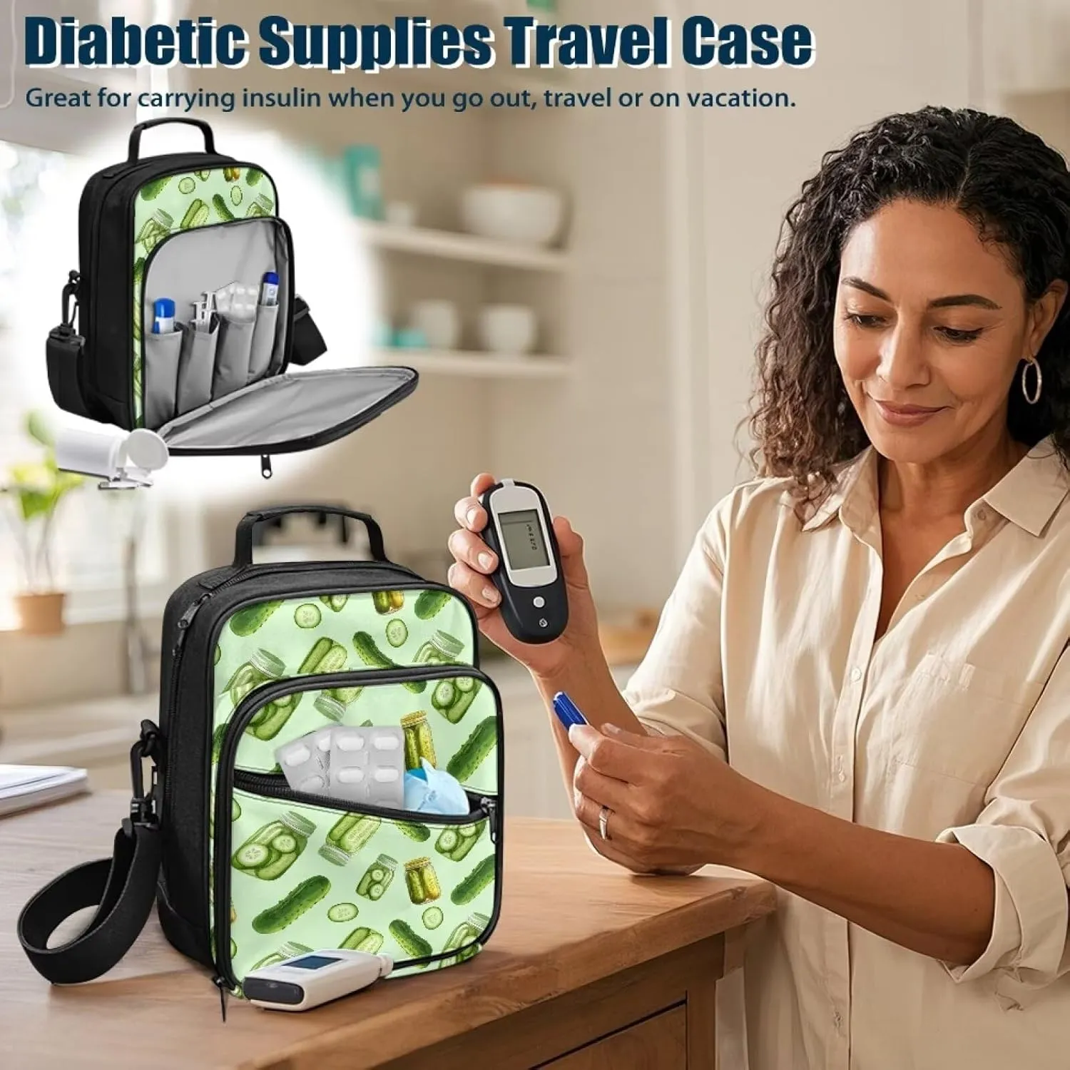 Insulin Travel Case, Cucumber Diabetes Supplies Bag with Shoulder Strap for Glucose Meter and Diabetic Supplies