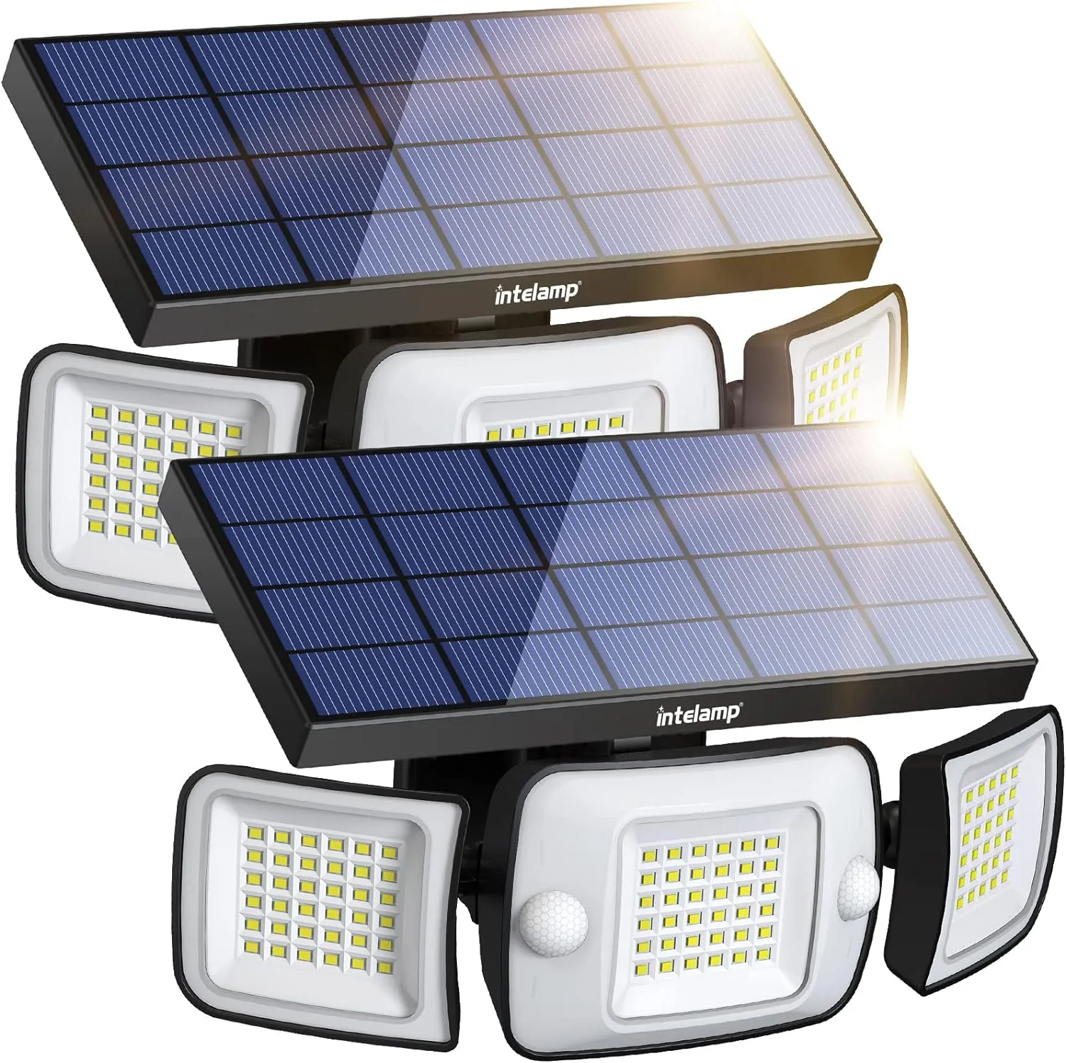 intelamp Solar Flood Lights - 2 Pack 6000mAh 1200LM Dual Motion Sensor Security Lights Outdoor Waterproof, Adjustable 3 Mode Wall Lights for Patio, Garage, Porch