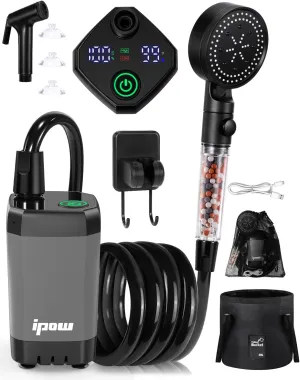 IPOW Portable Camping Shower with LED Display, 6000mAh Rechargeable Battery, 6 Spray Modes, Filtered Shower Head, 20L Water Bag, for Hiking, Beach, Pet Bath, Car Wash, Outdoors
