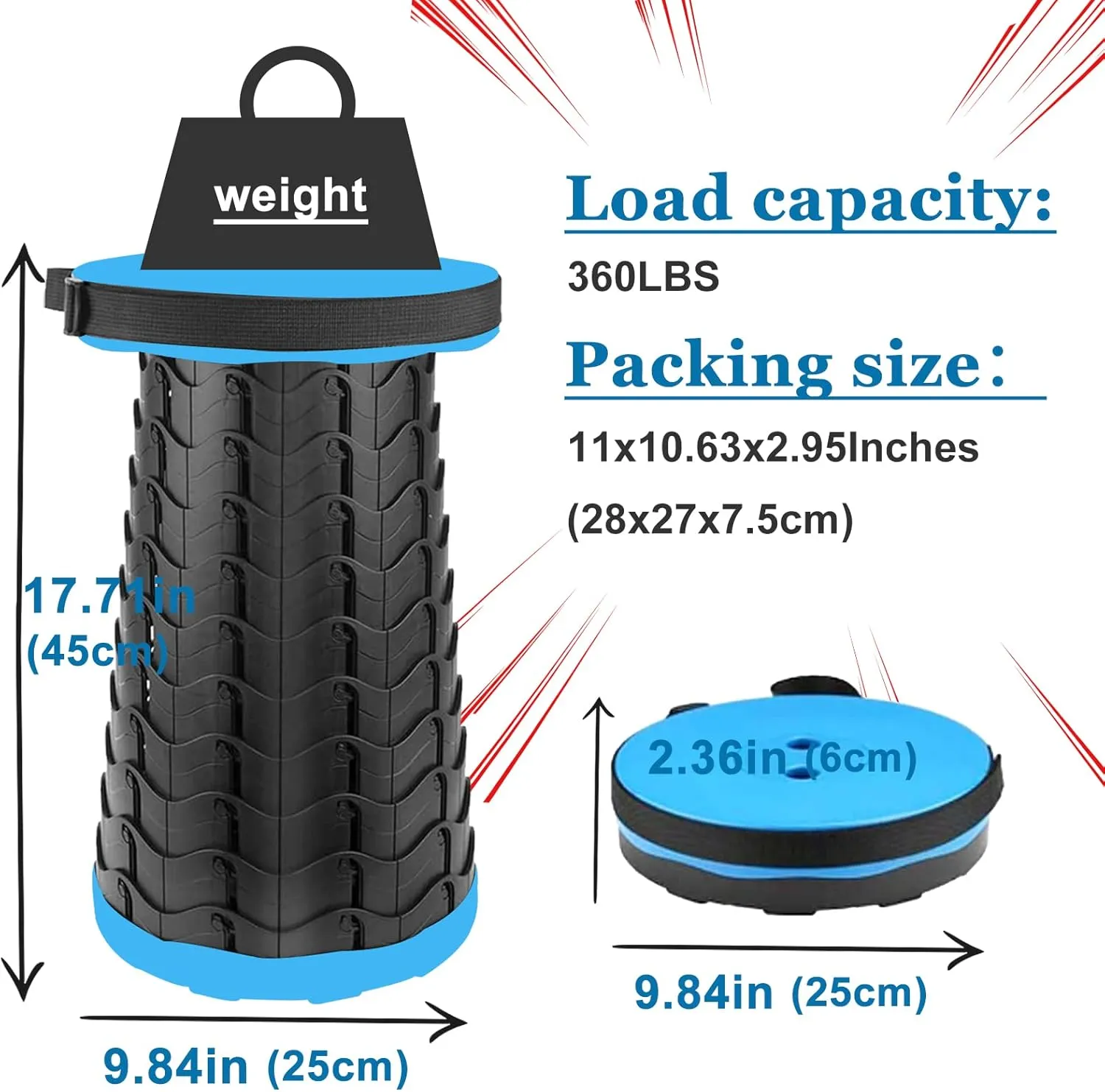 Jakuva Collapsible Folding Stool with Carry Bag, Telescoping Portable Stool with Max Load 360lbs for Adults, Indoor Outdoor Fishing Hiking Gardening Travel, Blue