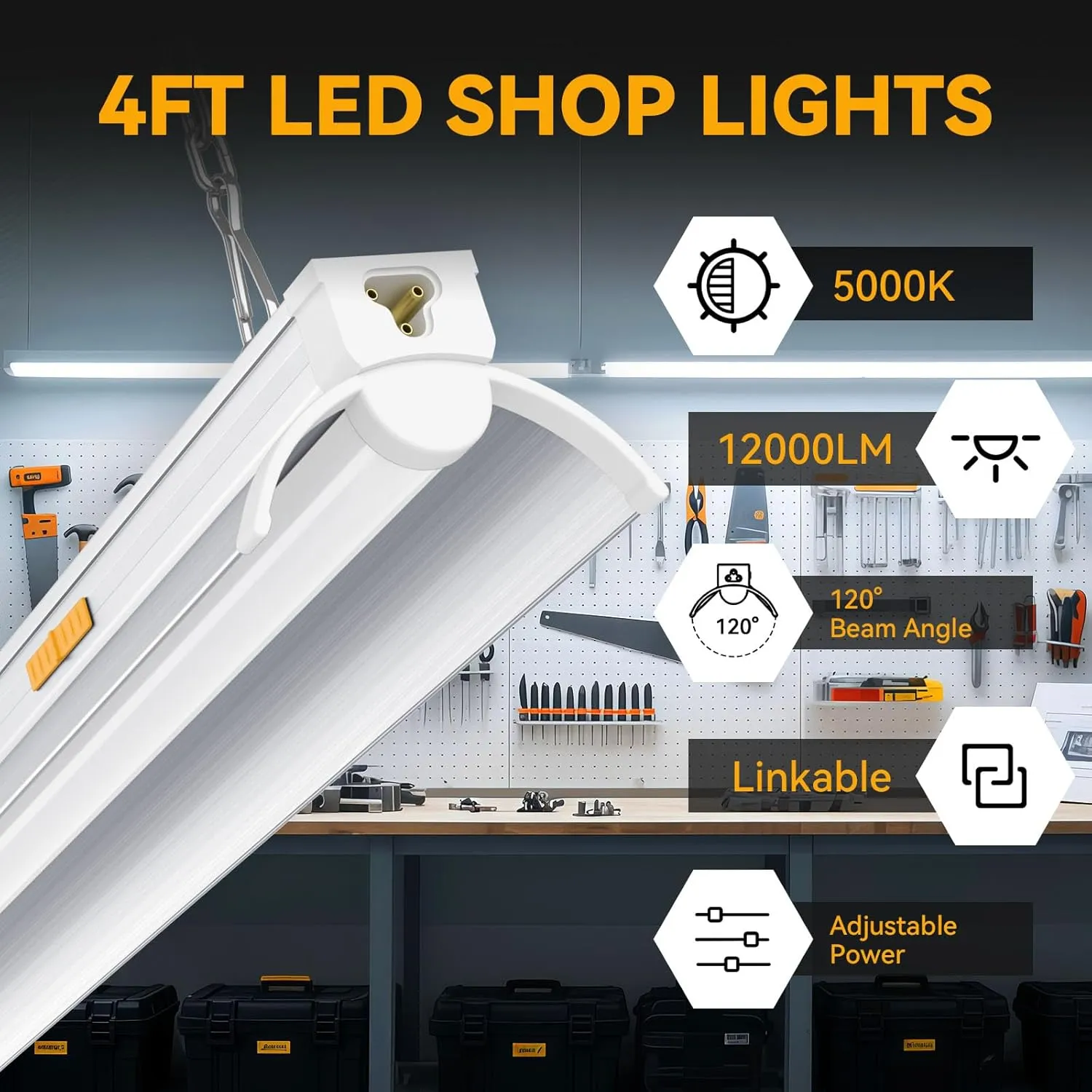 JESLED 4FT LED Shop Light 12000LM | 50-70-90W Adjustable Power | 5000K Daylight Linear Fixture | Linkable Hanging/Flush Mount for Garage, Basement, Workshops | ETL Certified