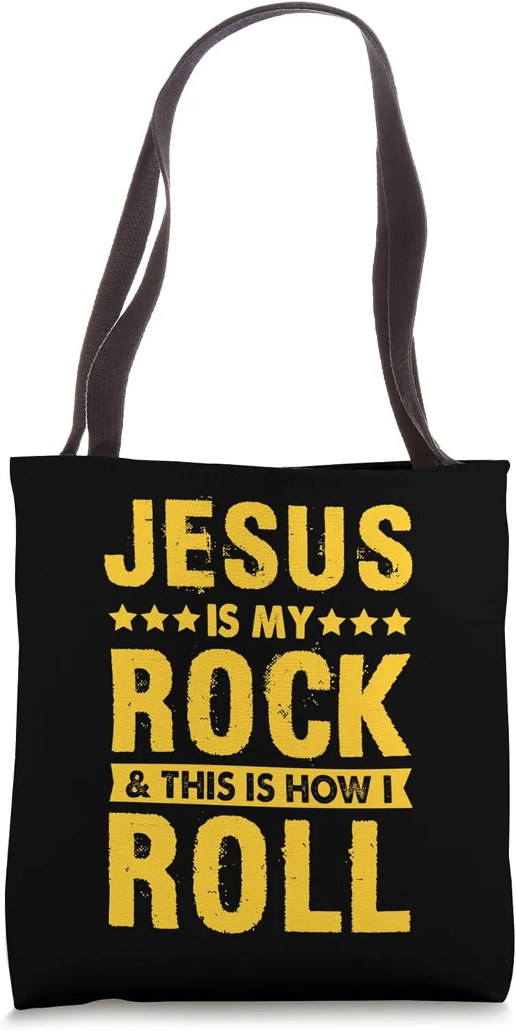 Jesus and Rock and Roll - Wholesome Christian Pun Humor Tote Bag