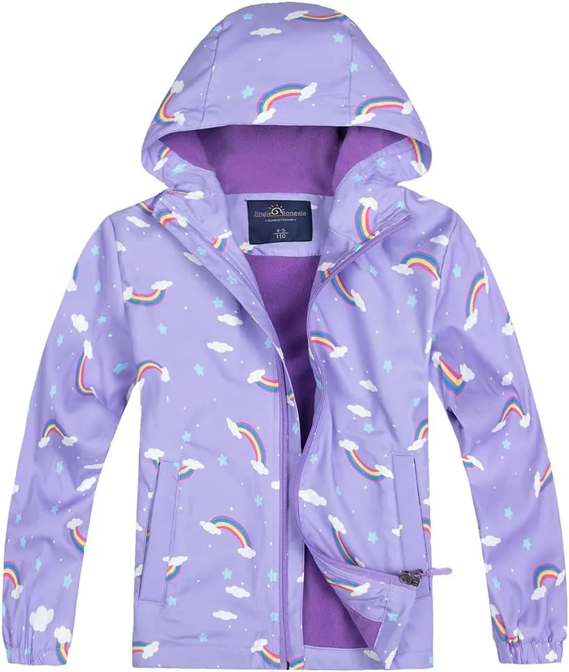 Jingle Bongala Kids Waterproof Rain Jackets Lightweight Raincoats Fleece & Knitted Lining Hooded Windbreaker for Boys Girls