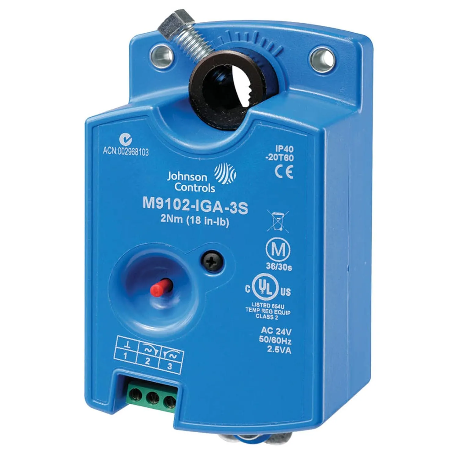Johnson Controls M9102-AGA-3S Series M9102 Electric Non-Spring-Return Actuator, Floating Control, 2 Nm Torque, M3 Screw Terminals