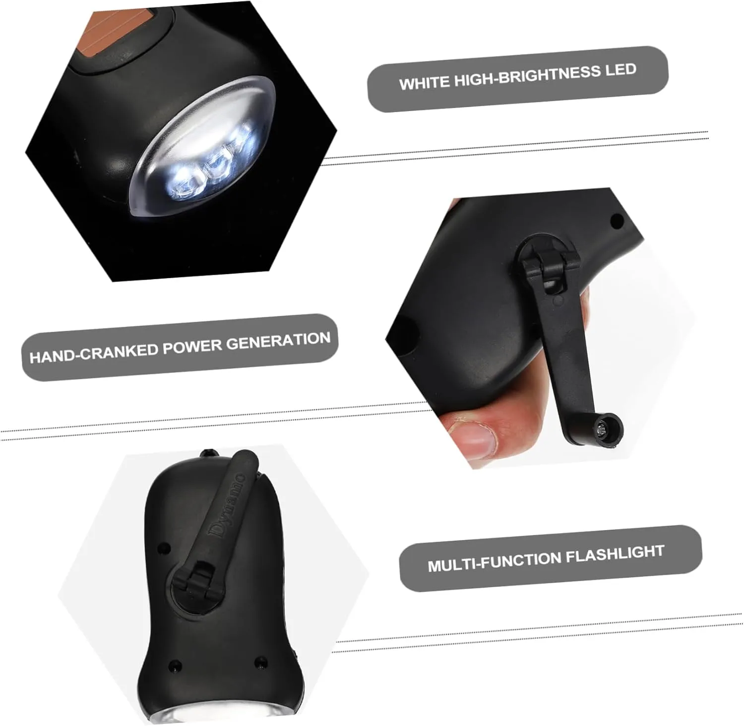 jojofuny 3pcs Emergency Flashlight Hand Crank Torch Led Portable Outdoor 3 Led Beads Long Distance Illumination Anti-Lost Strap Design
