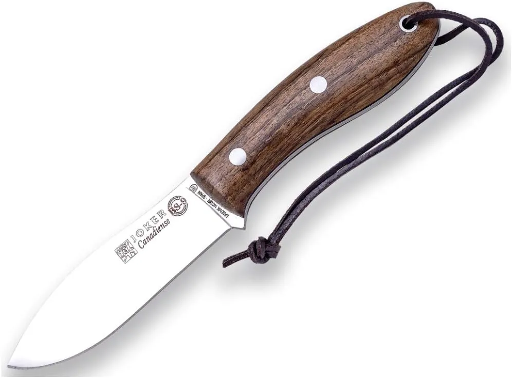 Joker Hunting Knife Canadiense CN114-P, Walnut Wood Handle, with Leather Sheath, Blade 4.13 inches of SANDVIK 14C28N, Includes Fire Starter, Tool for Fishing, Hunting, Camping and Hiking