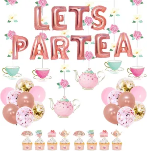 JOPARY Tea Party Decorations with LET'S PAR TEA Aluminum Foil Balloons Floral Tea Party Hanging Decorations Latex Balloons and Teapots Teacups Cupcake Toppers for Lets Par-Tea Party Decor