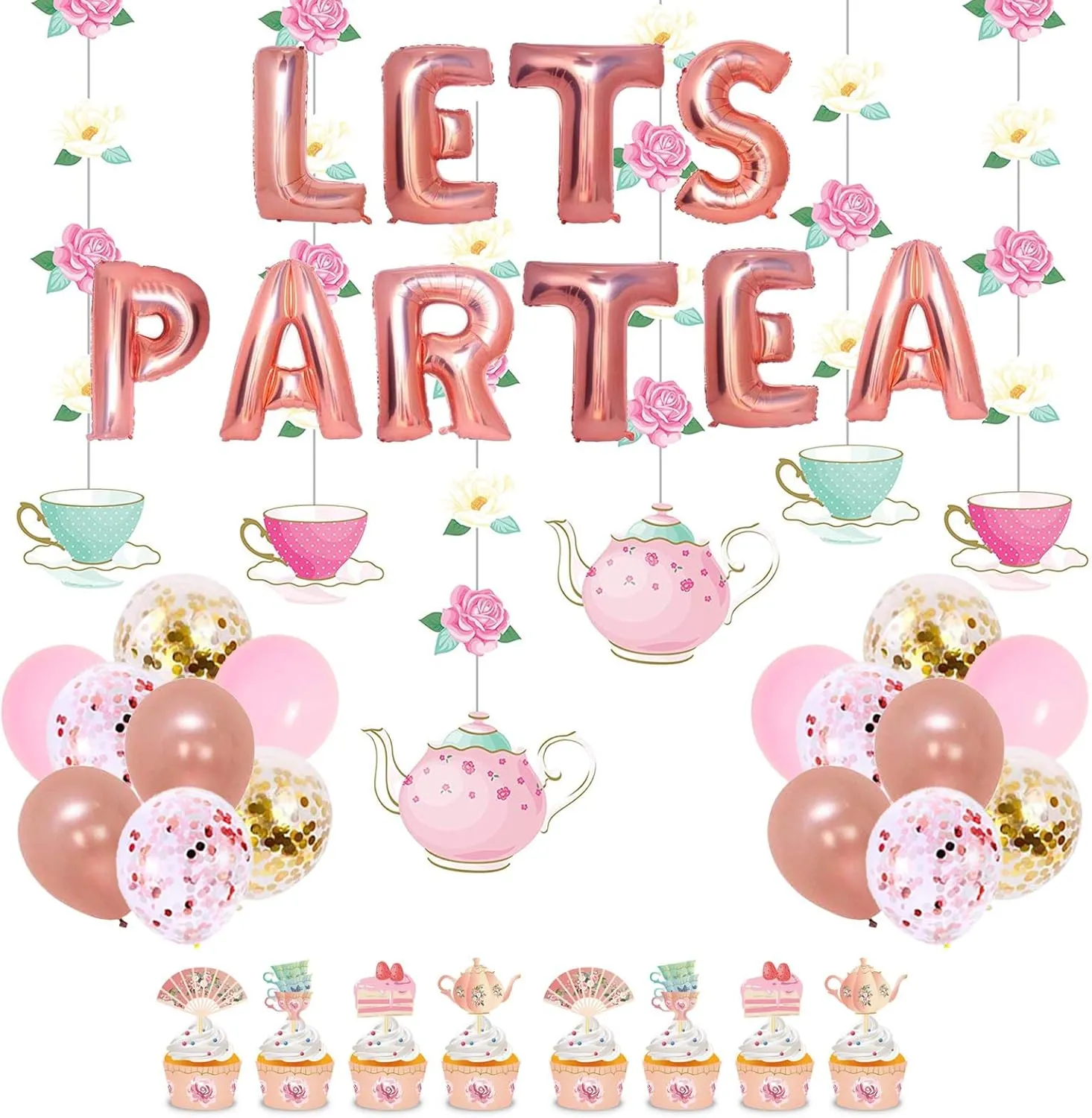 JOPARY Tea Party Decorations with LET'S PAR TEA Aluminum Foil Balloons Floral Tea Party Hanging Decorations Latex Balloons and Teapots Teacups Cupcake Toppers for Lets Par-Tea Party Decor