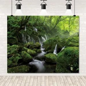 Jungle Forest Photography Backdrop 10x8ft Tropical Rainforest Green Rock Mountain Stream Background Natural Scenery Camping Party Decorations Backdrops Photo Studio Props