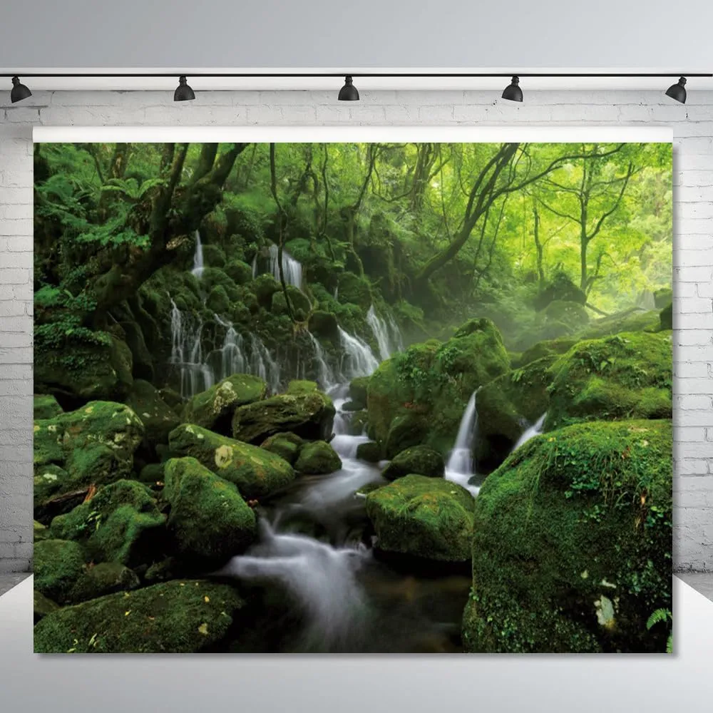 Jungle Forest Photography Backdrop 10x8ft Tropical Rainforest Green Rock Mountain Stream Background Natural Scenery Camping Party Decorations Backdrops Photo Studio Props