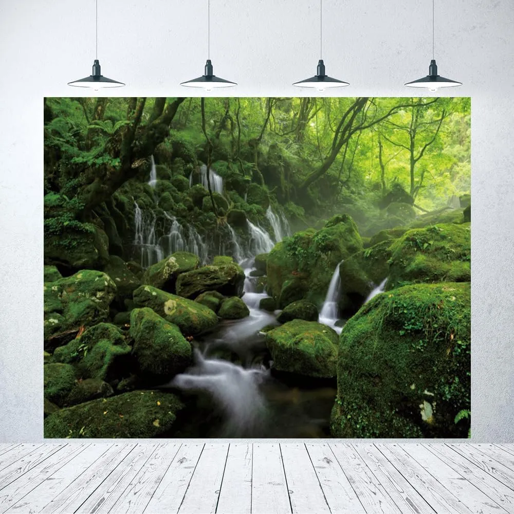 Jungle Forest Photography Backdrop 10x8ft Tropical Rainforest Green Rock Mountain Stream Background Natural Scenery Camping Party Decorations Backdrops Photo Studio Props