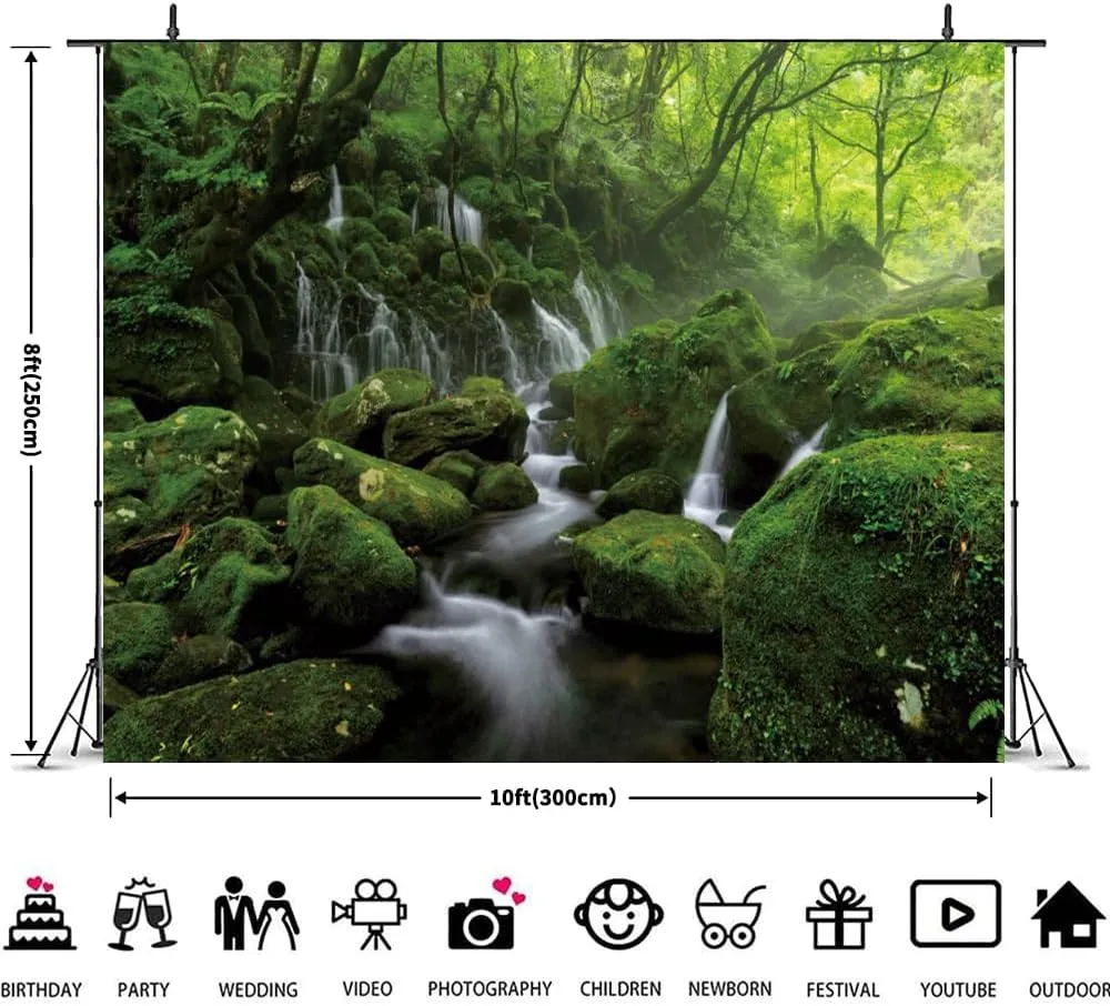 Jungle Forest Photography Backdrop 10x8ft Tropical Rainforest Green Rock Mountain Stream Background Natural Scenery Camping Party Decorations Backdrops Photo Studio Props