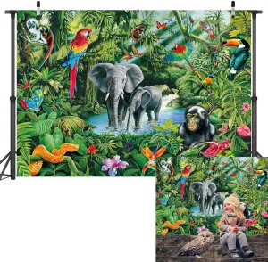 Jungle Safari Wild Animals Backdrop 8x6FT Tropical Rainforest Animals Plant Plant Background Primitive Jungle Journey Birthday Shower Photo Booth Studio Props