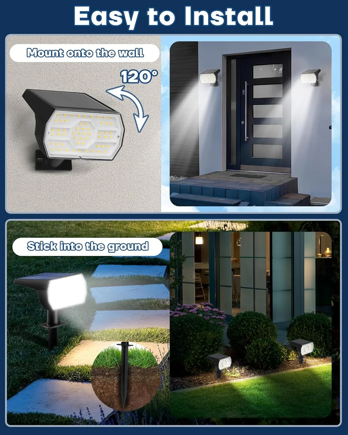Kaxiida Solar Lights Outdoor Waterproof IP68, 3 Lighting Models Solar Powered Spot Lights Outdoor, 56LED Light Dusk to Dawn for Yard Patio Garden Pathway Landscape Lighting