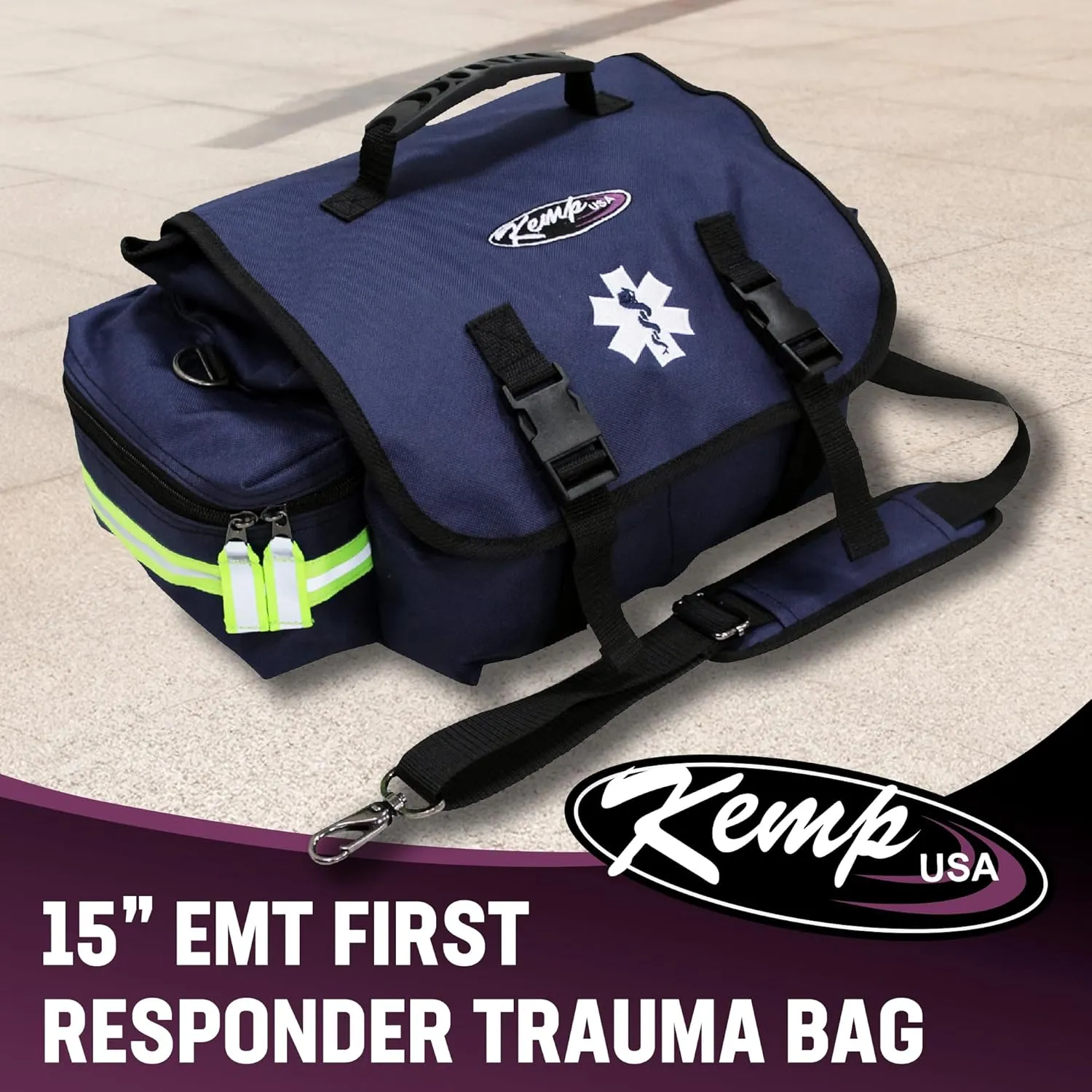 Kemp USA EMT First Responders Trauma Bag - First Aid Kit & Survival Gear with High Visibility Reflectors for Rapid First Aid & Medical Response Survival Tools Organizer - Navy Blue