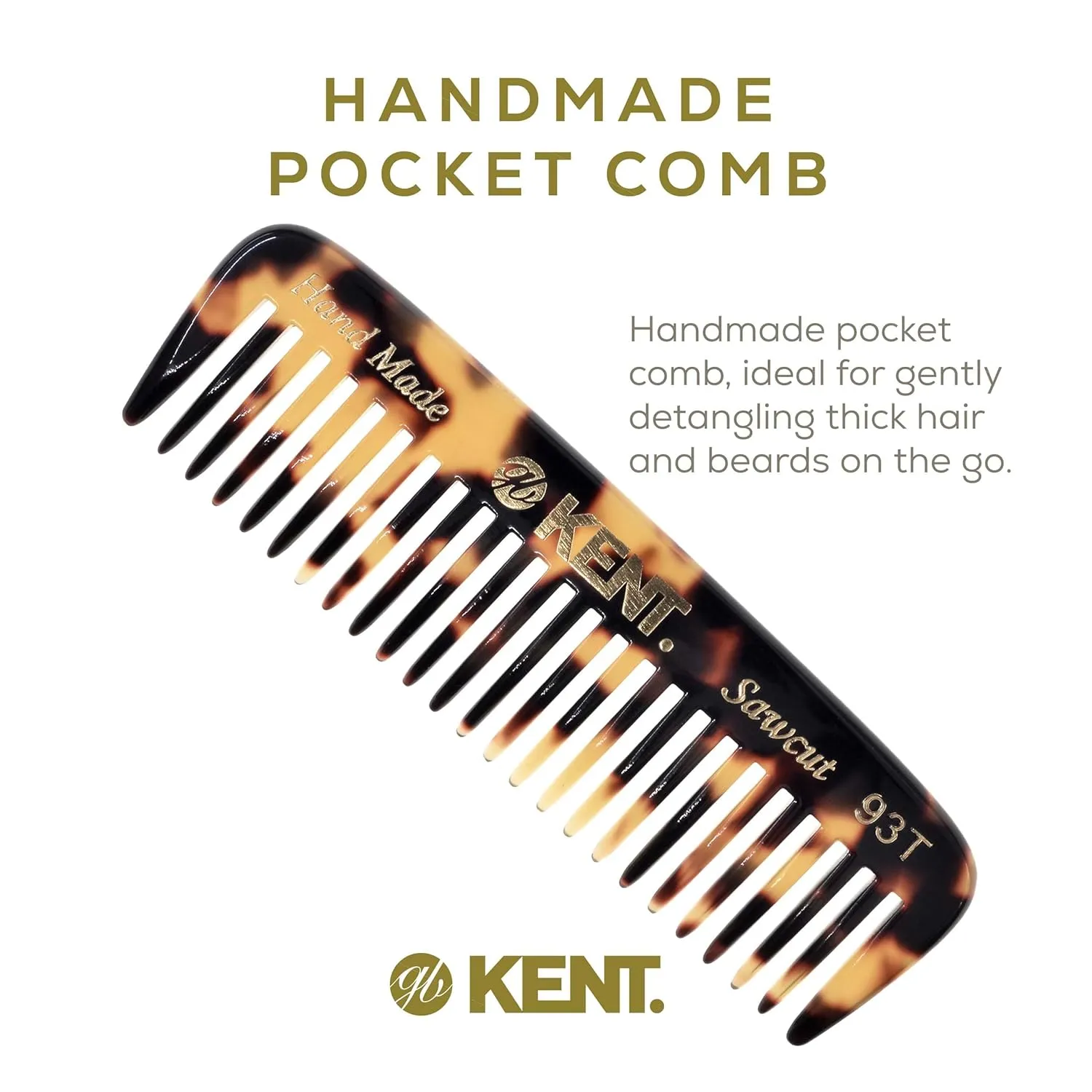 Kent 93T TY Wide Tooth Men's Comb, for Mustache and Beard ideal for Facial Hair, Small Pocket Sized Travel Detangler Comb, Saw-Cut Hand polished Made in England