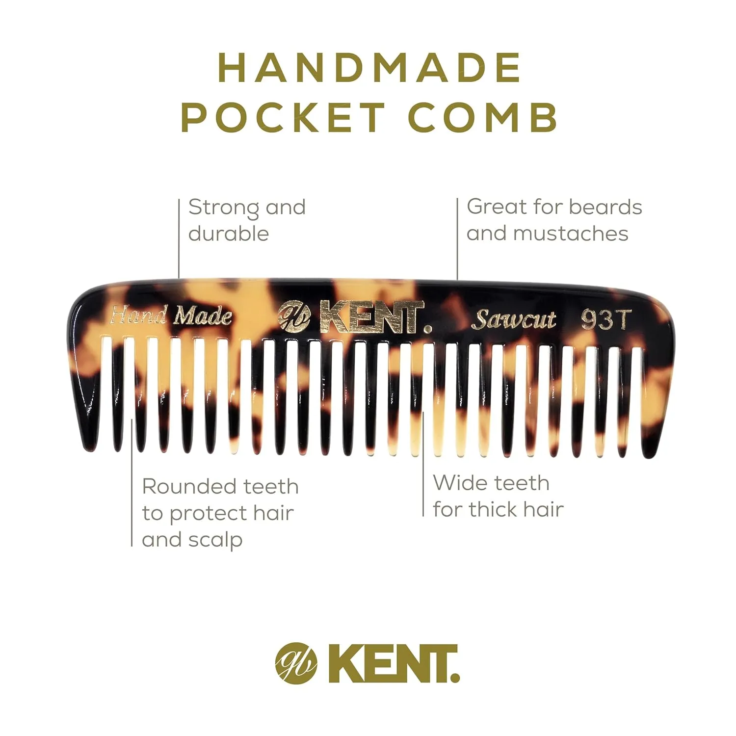 Kent 93T TY Wide Tooth Men's Comb, for Mustache and Beard ideal for Facial Hair, Small Pocket Sized Travel Detangler Comb, Saw-Cut Hand polished Made in England