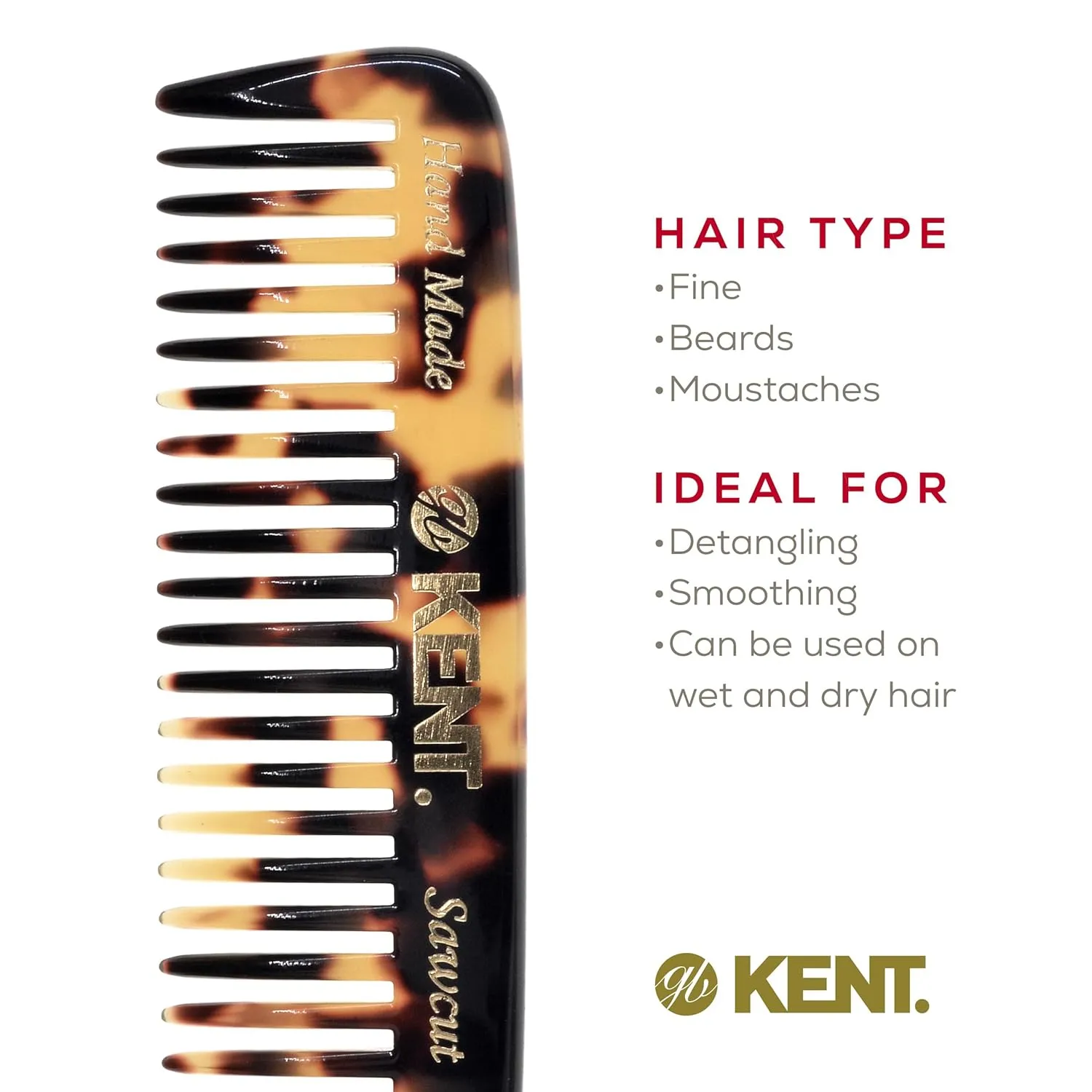 Kent 93T TY Wide Tooth Men's Comb, for Mustache and Beard ideal for Facial Hair, Small Pocket Sized Travel Detangler Comb, Saw-Cut Hand polished Made in England