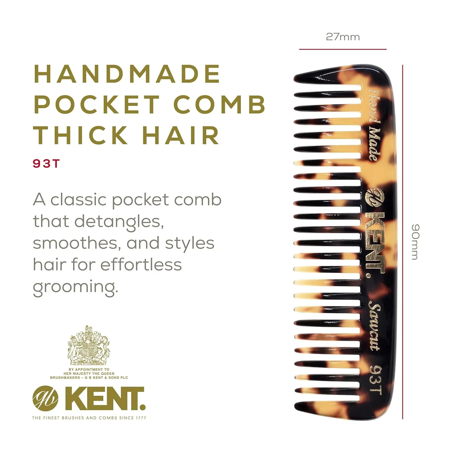 Kent 93T TY Wide Tooth Men's Comb, for Mustache and Beard ideal for Facial Hair, Small Pocket Sized Travel Detangler Comb, Saw-Cut Hand polished Made in England
