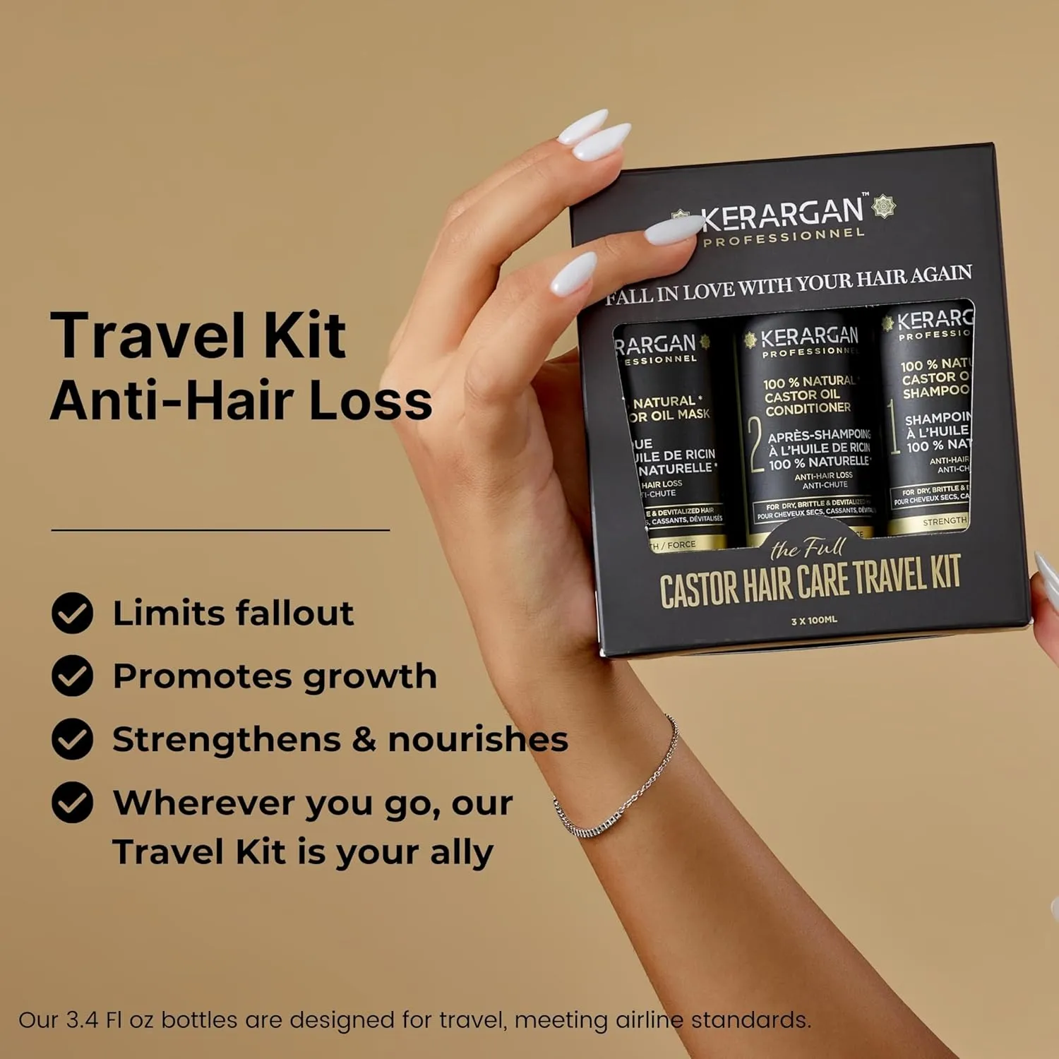 Kerargan - Anti-Hair Loss Travel Kit with Castor Oil for Growth and Dry, Brittle Hair - Sulfate-Free, Paraben-Free, Silicone-Free - 3x3.4 Fl oz