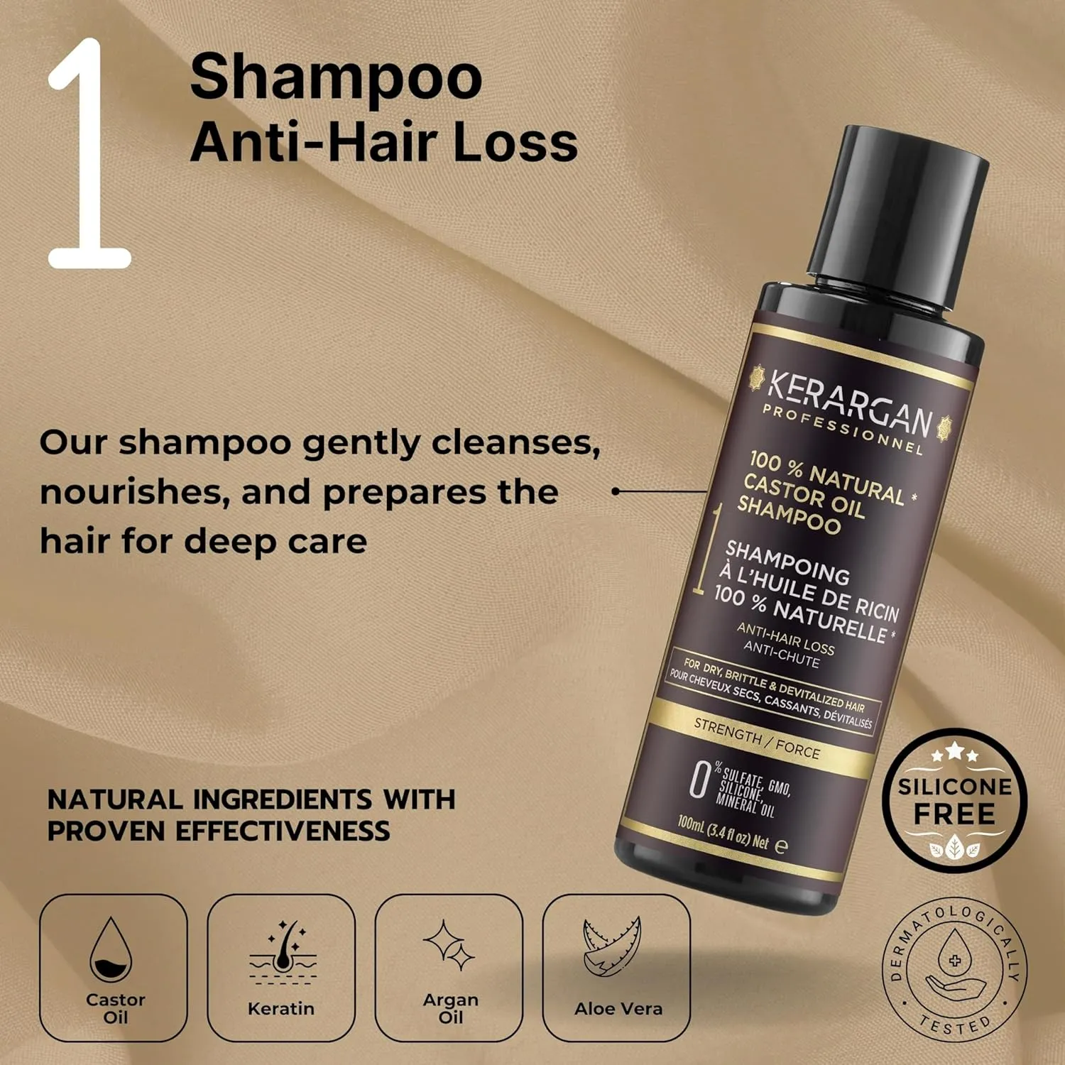 Kerargan - Anti-Hair Loss Travel Kit with Castor Oil for Growth and Dry, Brittle Hair - Sulfate-Free, Paraben-Free, Silicone-Free - 3x3.4 Fl oz