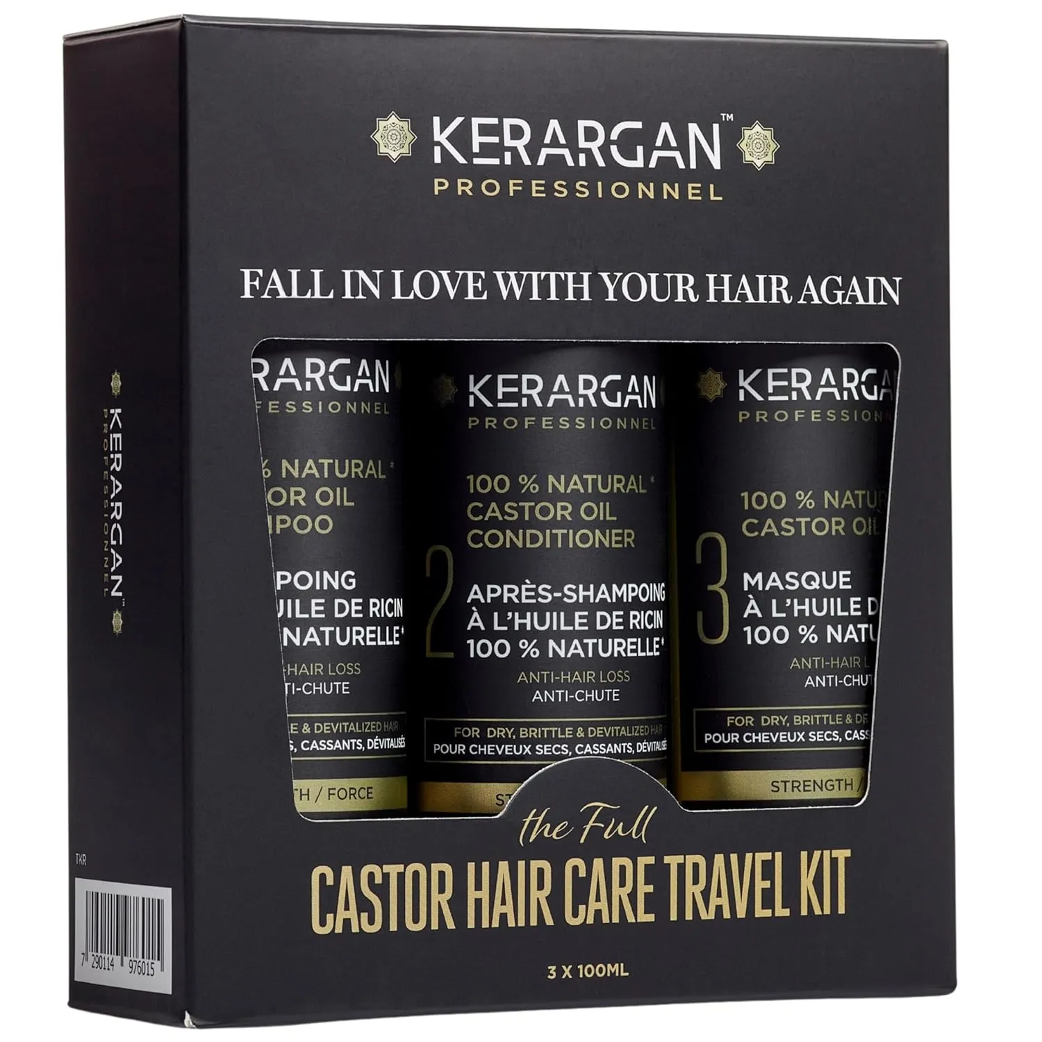 Kerargan - Anti-Hair Loss Travel Kit with Castor Oil for Growth and Dry, Brittle Hair - Sulfate-Free, Paraben-Free, Silicone-Free - 3x3.4 Fl oz