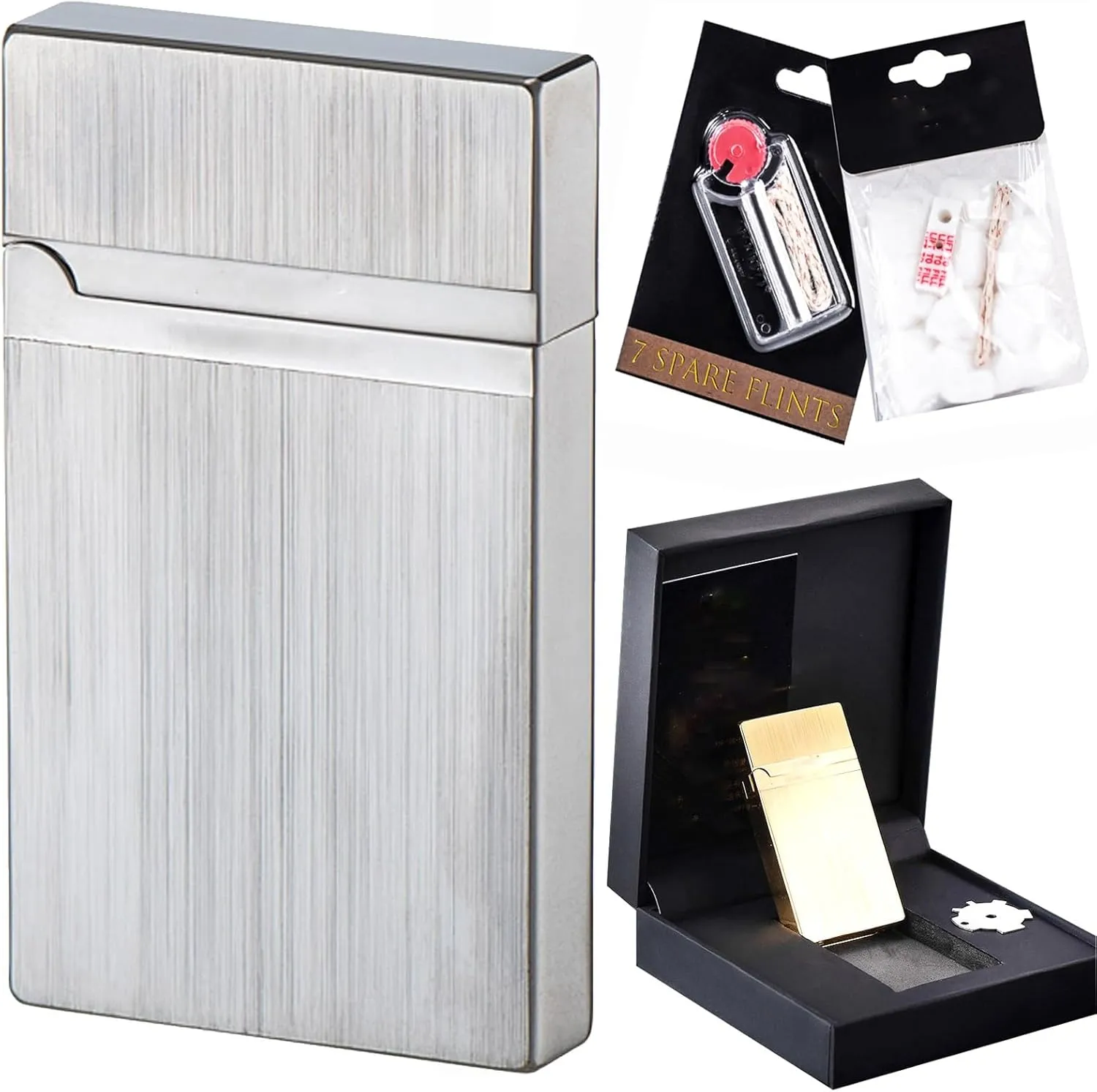 Kerosene Lighter Brass lighters with Flint & Wick Replacement Parts, Universal Lighter Accessories(Silver)