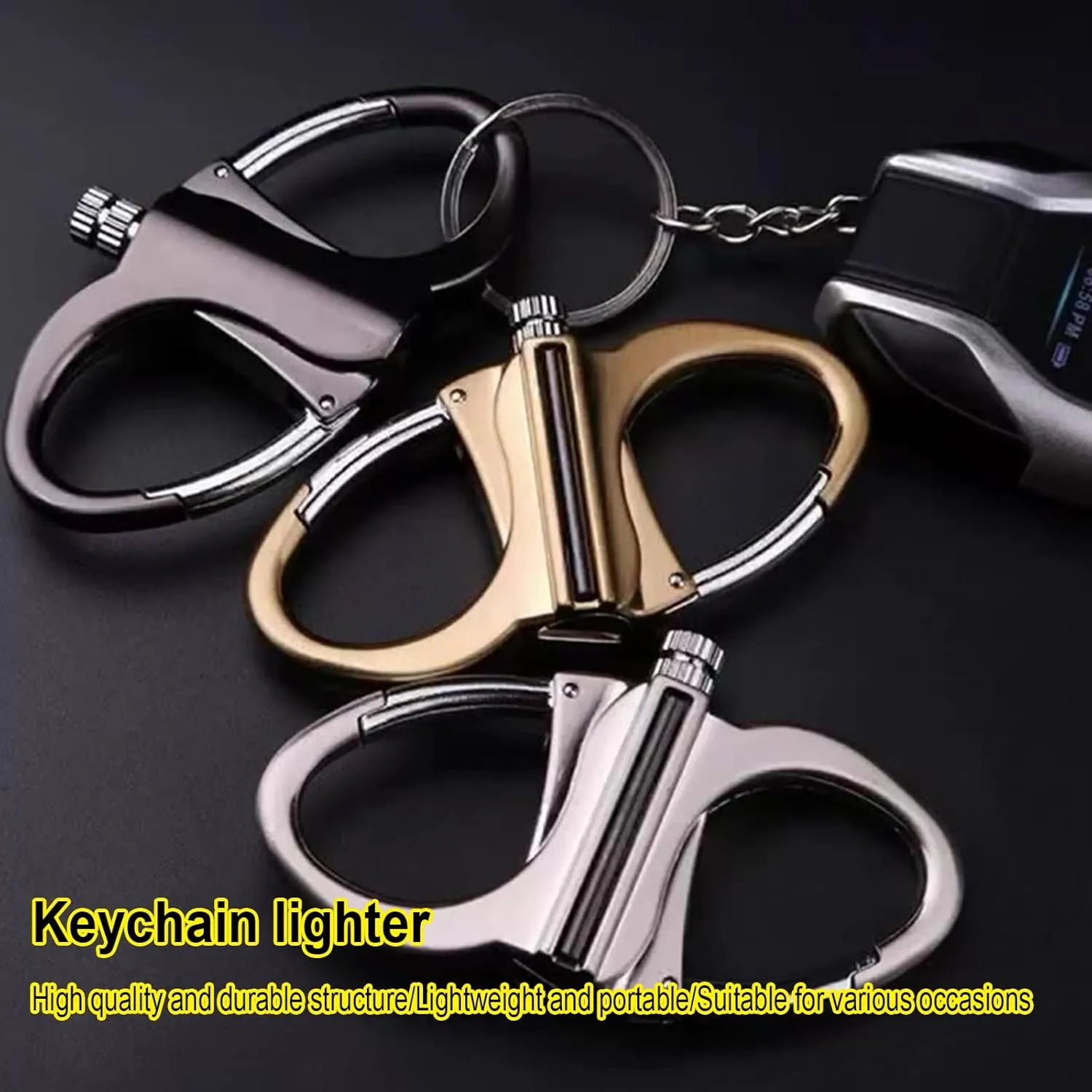 Keychain Lighter, Match Kerosene Refillable Lighter, Fire Starter Key Ring, Mini Waterproof Lighters for Outdoor Car and Home (Silver*1 Black*1 Gold*1)