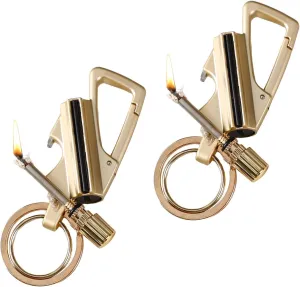 Keychain Lighter Metal Permanent Match Kerosene Lighter Reusable Waterproof Windproof， EDC Emergency Flint Fire Starter with Multitools Bottle Opener, for Outdoor Survival Gift for Men(Gold)